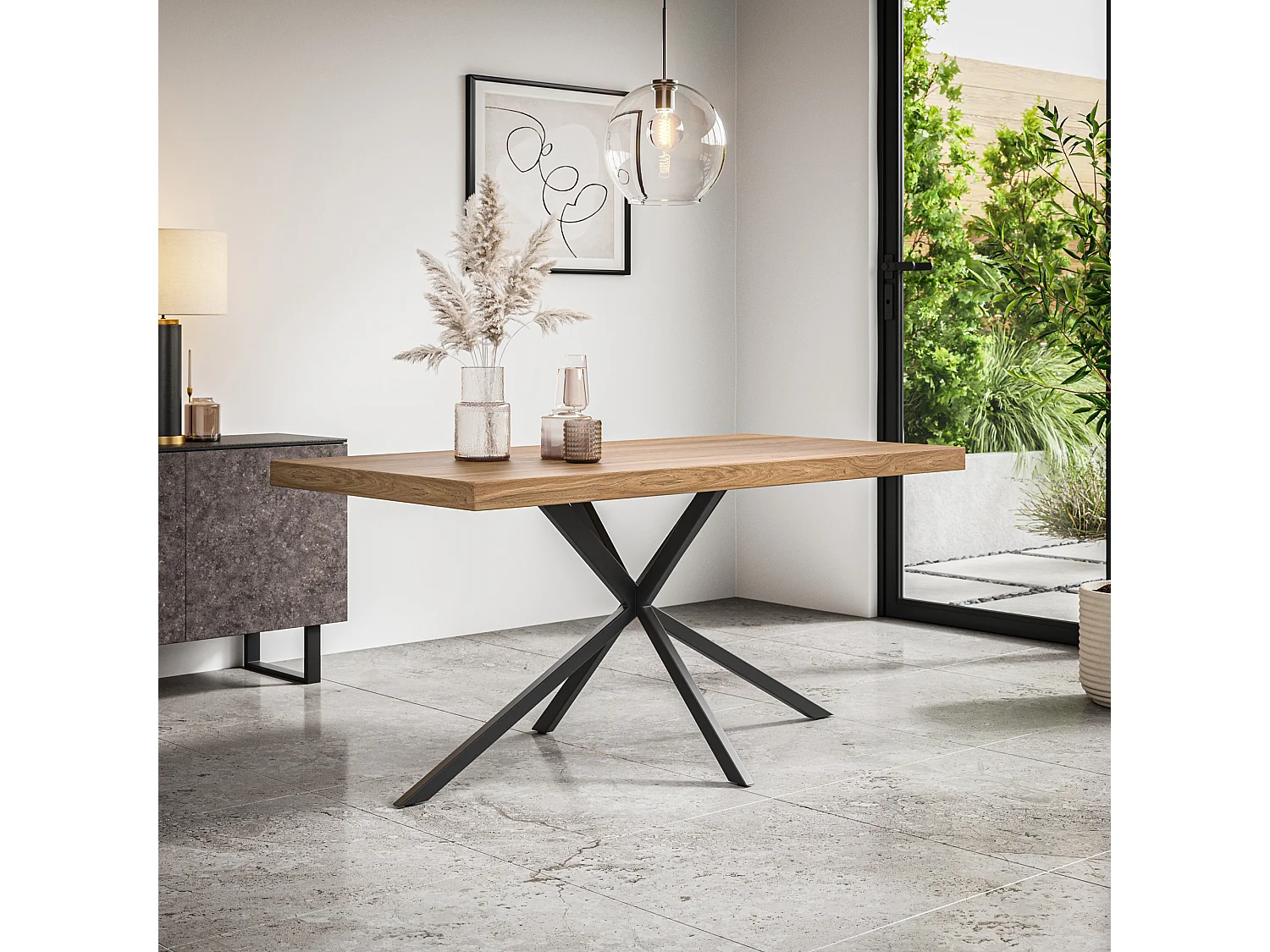 Donni Dining Table And Chairs -  Oak Effect Table Top w Black Legs + Nova Faux Leather Dining Chair Set Of 6