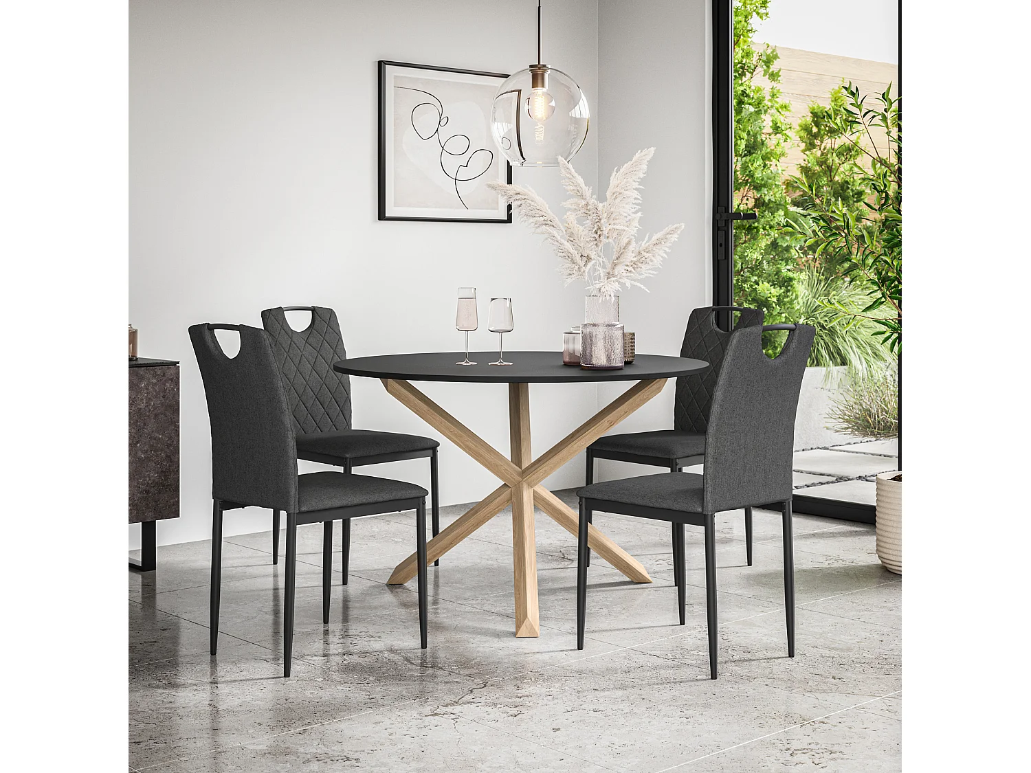 Malvern Round Dining Table And Chairs -  Black Table Top w Solid Oak Legs + Monza Fabric Dining Chair Set Of 4