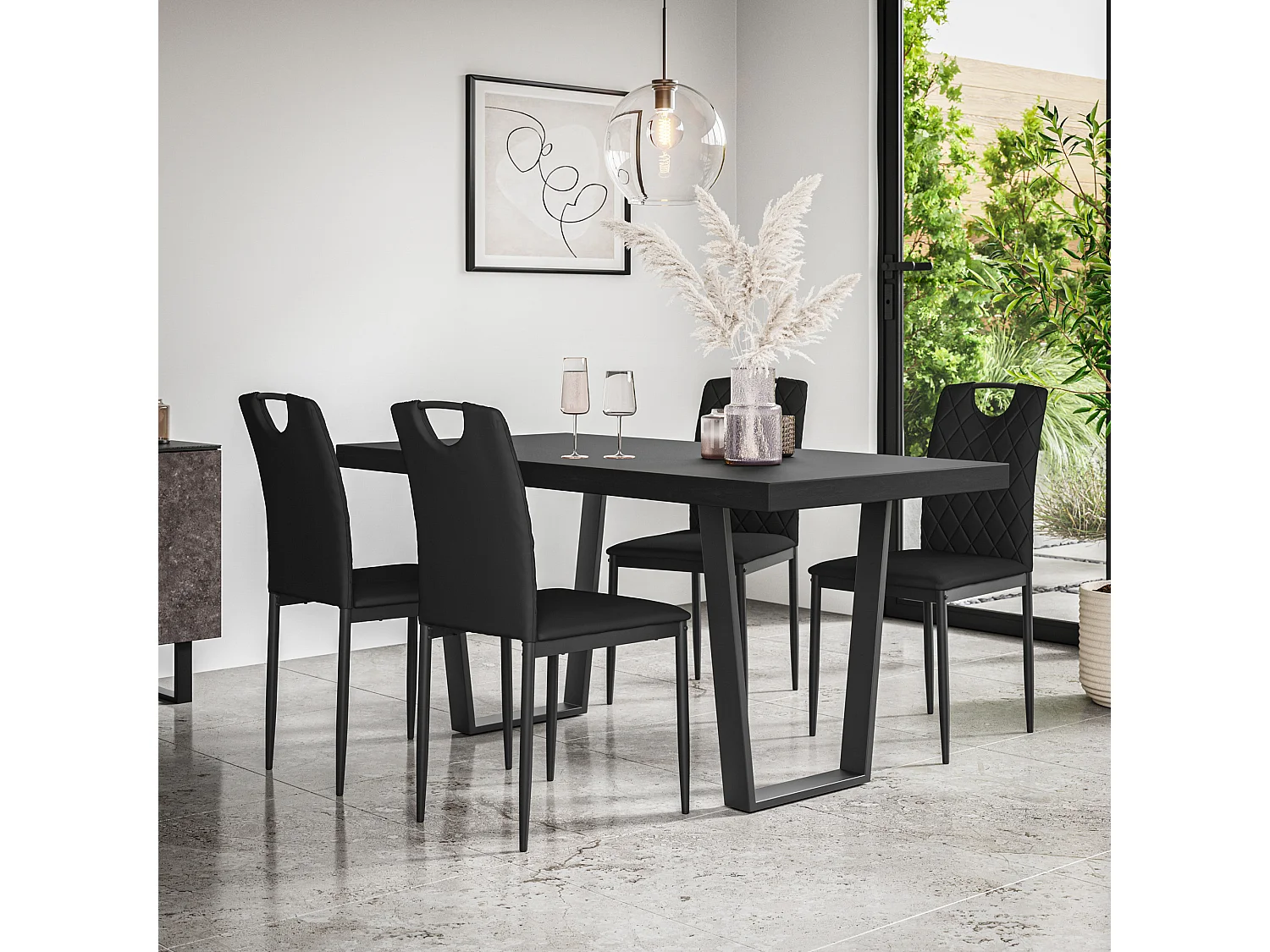 Aria Dining Table And Chairs -  Black Table Top w Black Legs + Monza Faux Leather Dining Chair Set Of 4