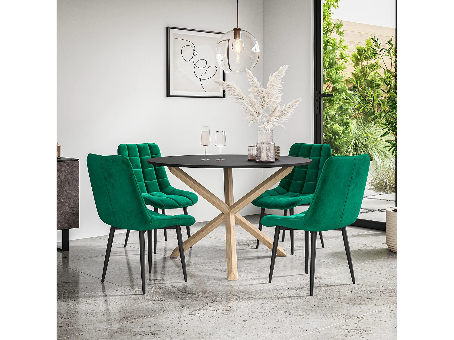 Malvern Round Dining Table And Chairs -  Black Table Top w Solid Oak Legs + Nova Velvet Dining Chair Set Of 4