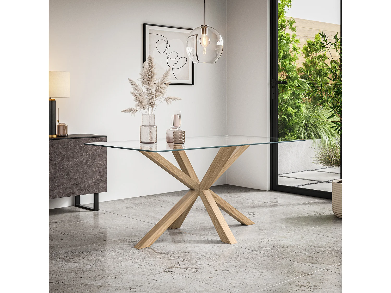 Etta Glass Dining Table And Chairs - Glass Top w Solid Oak Legs + Anika Velvet Dining Chair Set Of 6