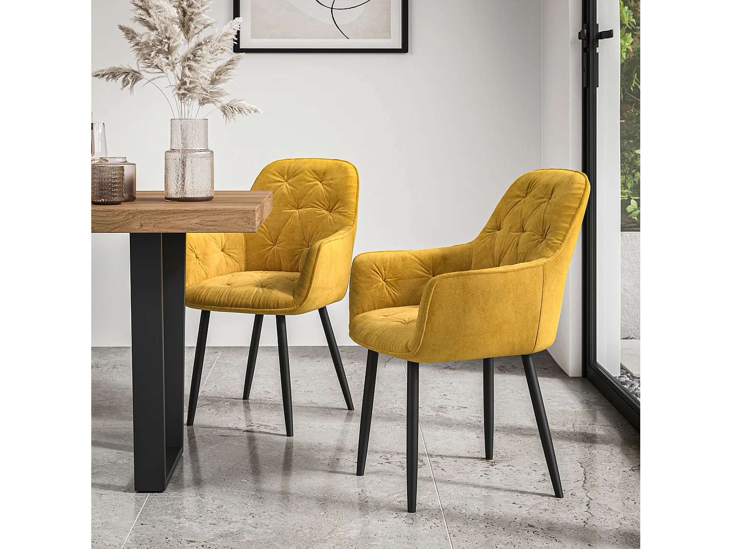 Etta Glass Dining Table And Chairs - Glass Top w Solid Oak Legs + Anika Velvet Dining Chair Set Of 6