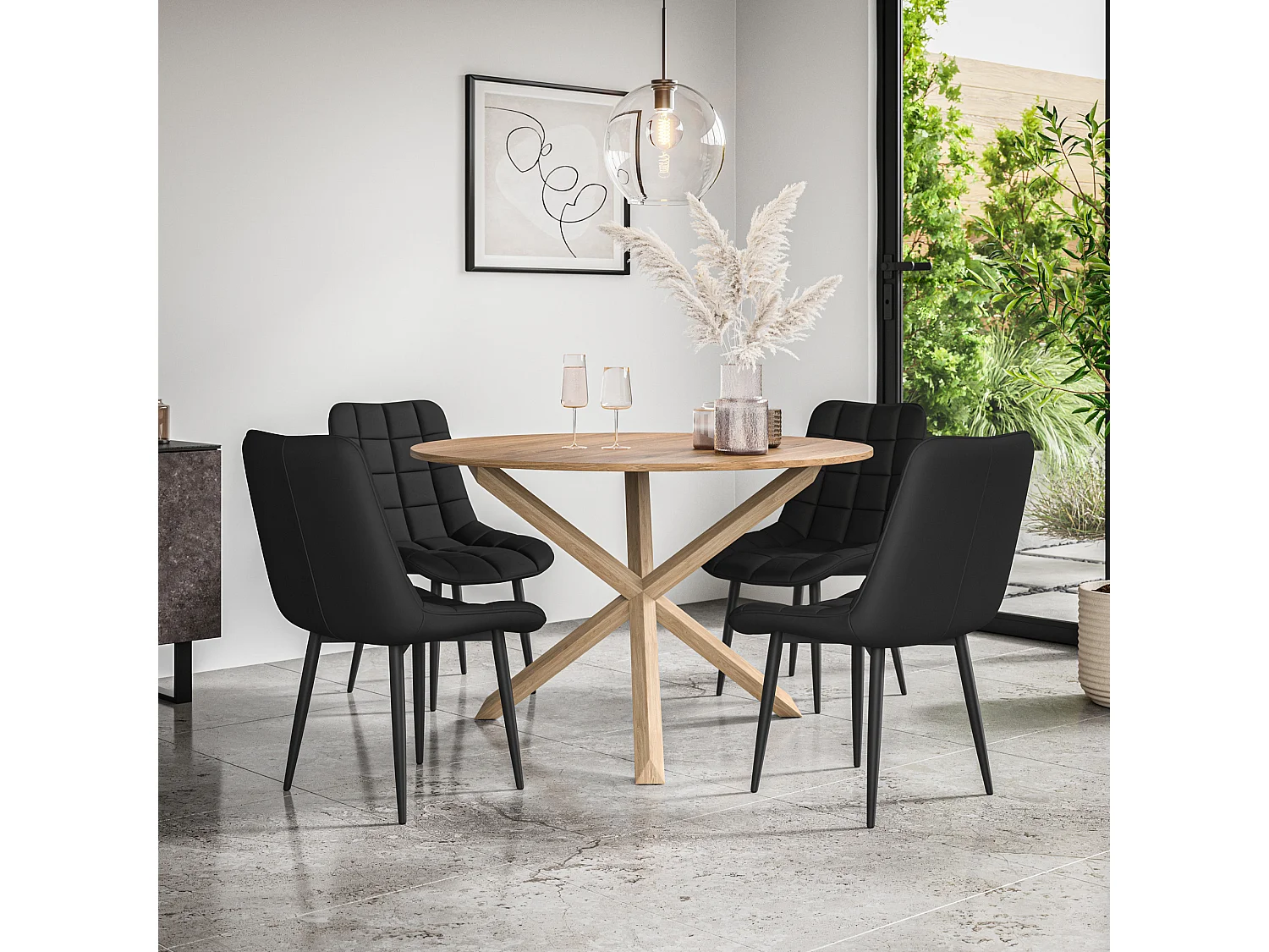 Malvern Round Dining Table And Chairs -  Oak Table Top w Solid Oak Legs + Nova Faux Leather Dining Chair Set Of 4