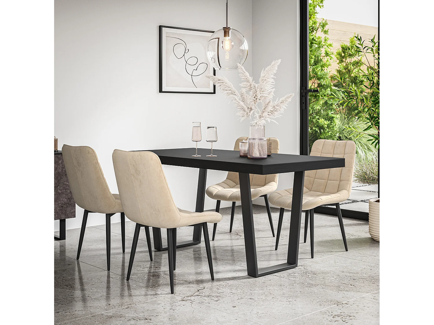 Aria Dining Table And Chairs -  Black Table Top w Black Legs + Nova Velvet Dining Chair Set Of 4