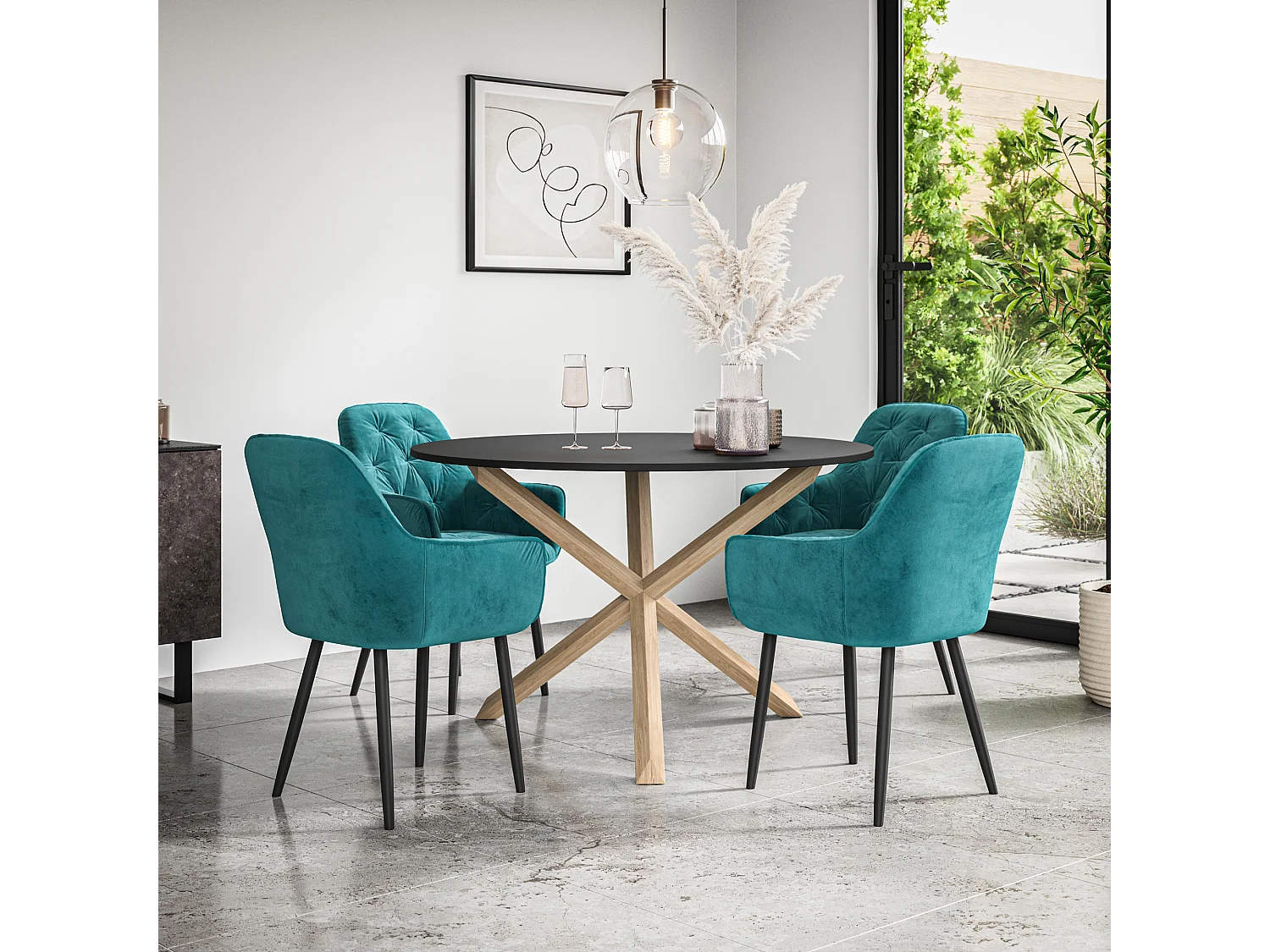 Malvern Round Dining Table And Chairs -  Black Table Top w Solid Oak Legs + Anika Velvet Dining Chair Set Of 4