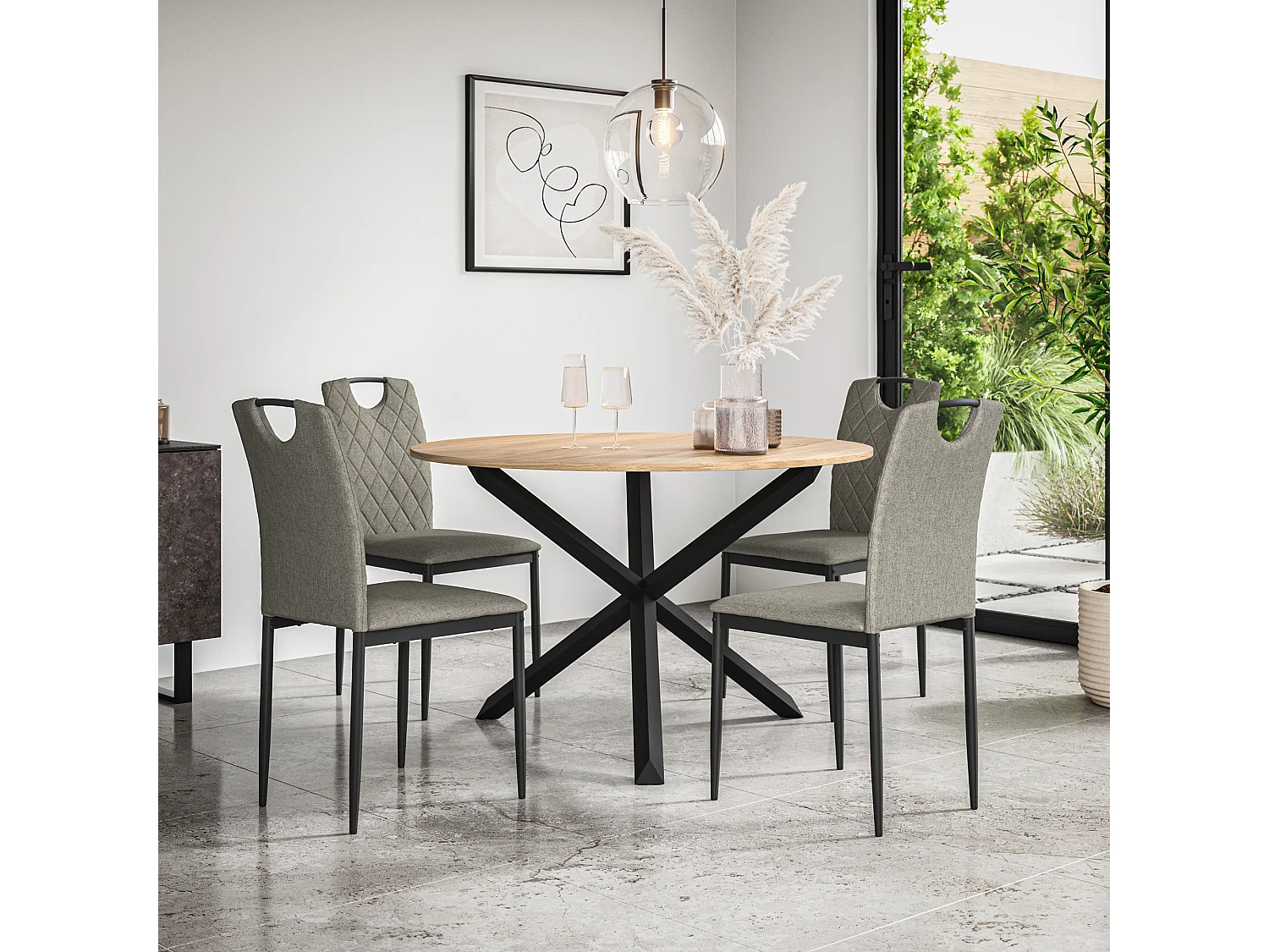 Malvern Round Dining Table And Chairs -  Oak Table Top w Solid Oak Black Legs + Monza Fabric Dining Chair Set Of 4
