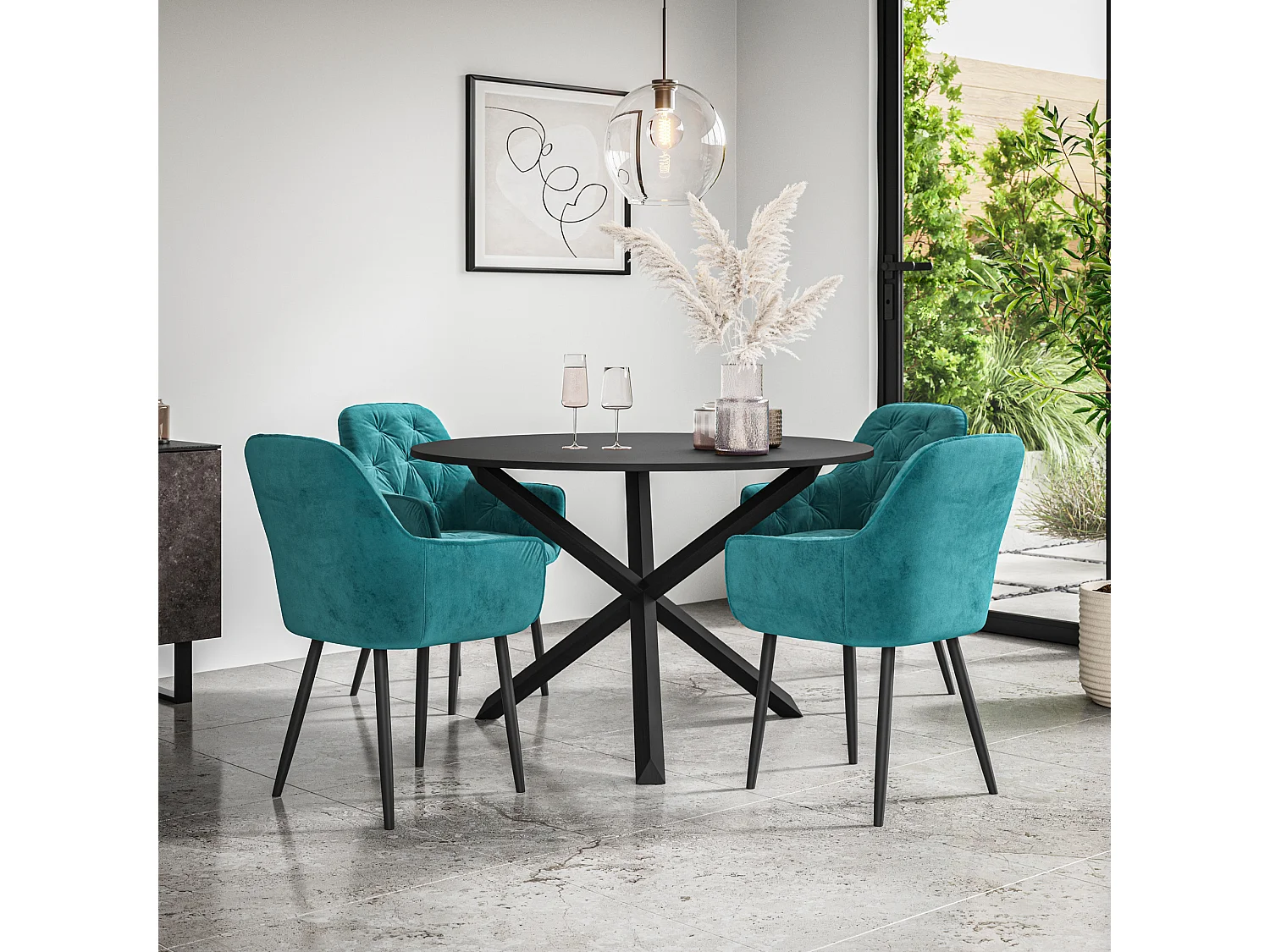 Malvern Round Dining Table And Chairs -  Black Table Top w Solid Oak Black Legs + Anika Velvet Dining Chair Set Of 4