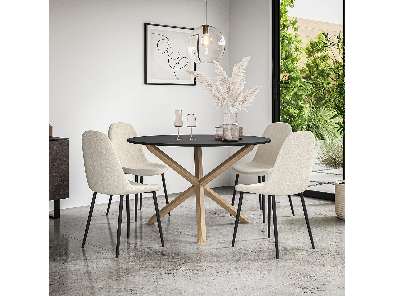 Malvern Round Dining Table And Chairs -  Black Table Top w Solid Oak Legs + Maya Boucle Dining Chair Set Of 4