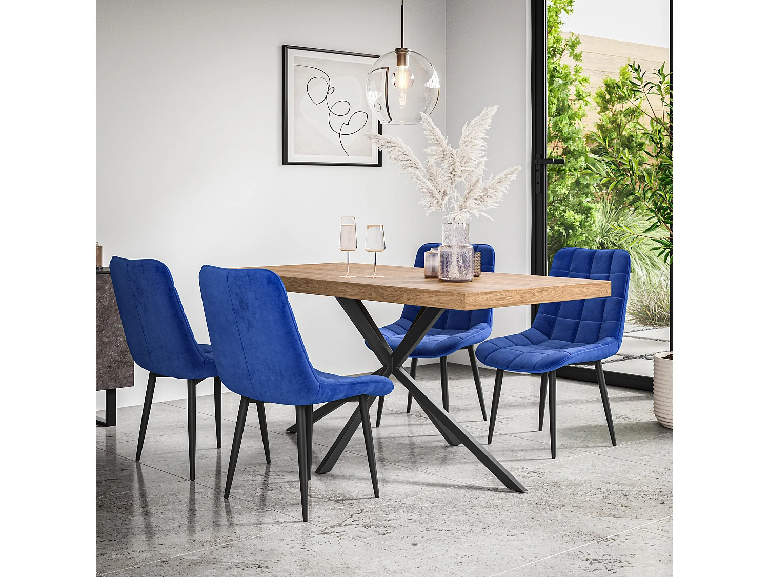 Donni Dining Table And Chairs -  Oak Effect Table Top w Black Legs + Nova Velvet Dining Chair Set Of 6