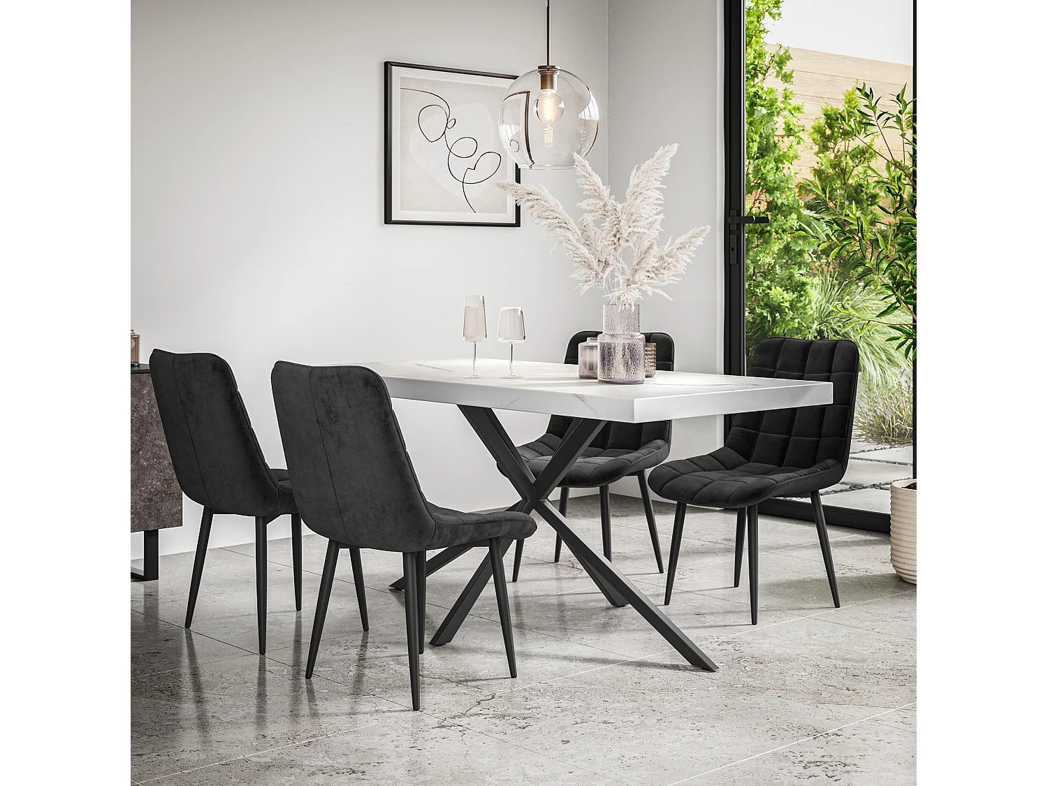 Donni Dining Table And Chairs -  White Marble Effect Table Top w Black Legs + Nova Velvet Dining Chair Set Of 4
