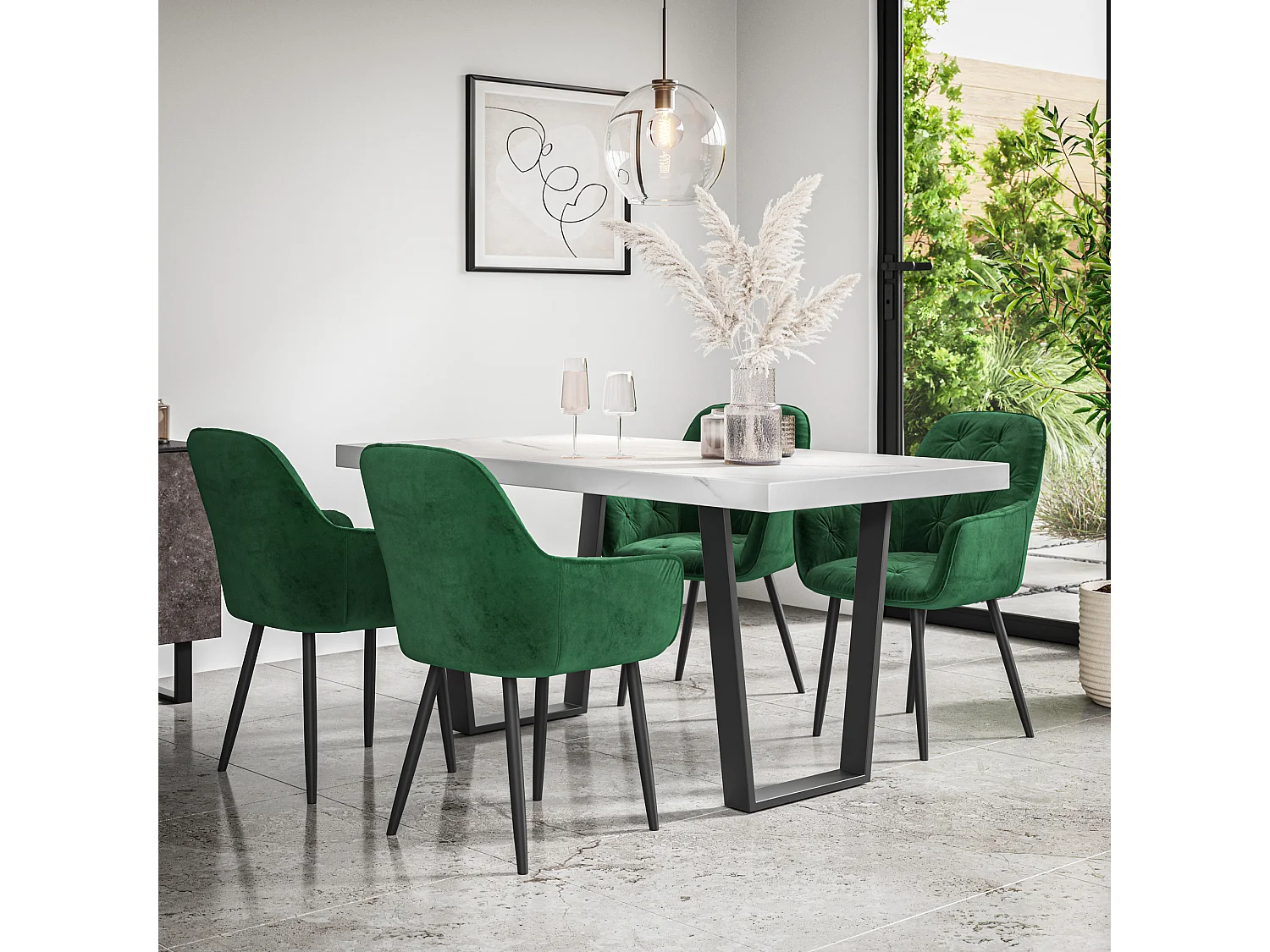 Aria Dining Table And Chairs -  White Marble Effect Table Top w Black Legs + Anika Velvet Dining Chair Set Of 4