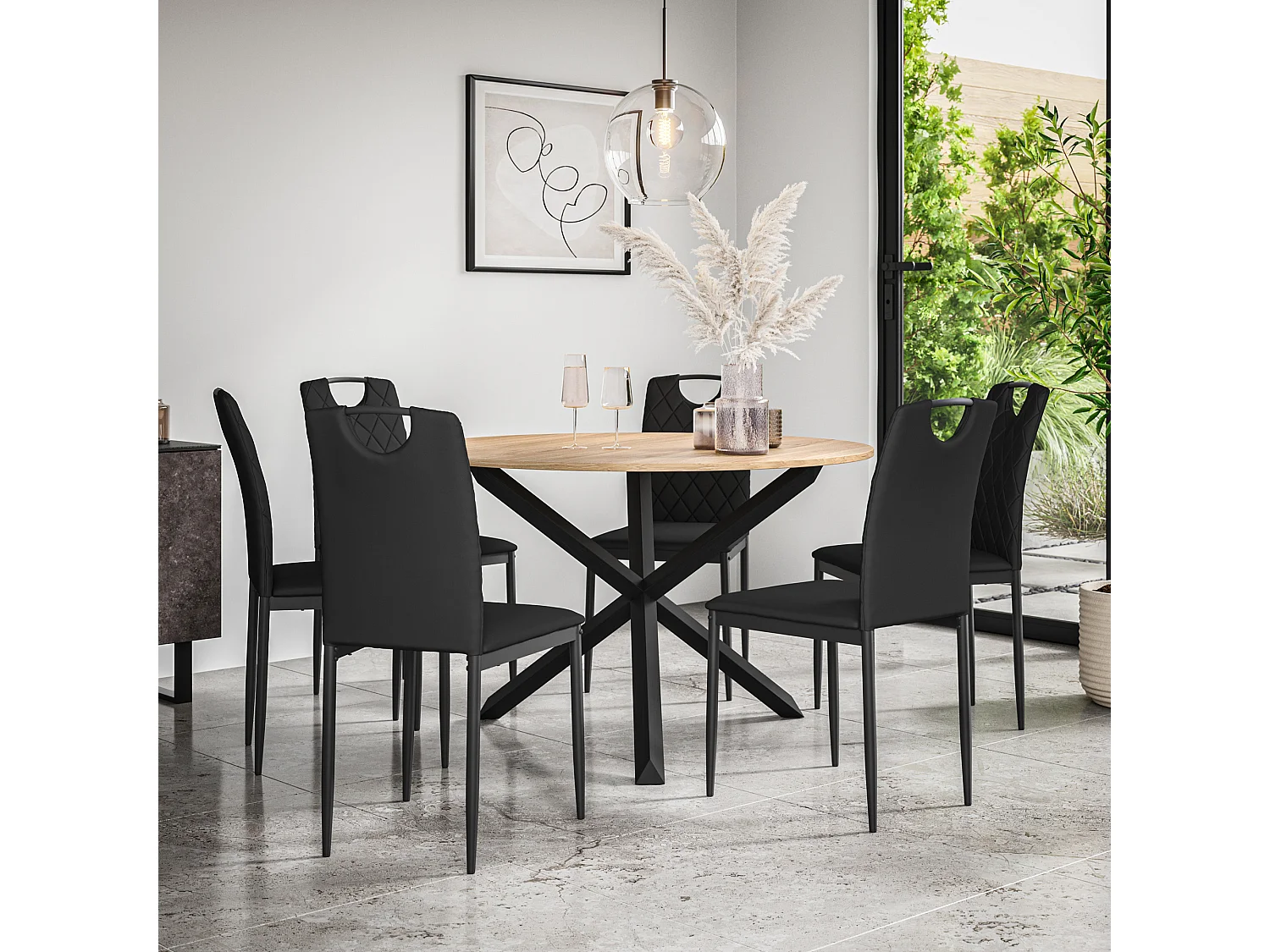 Malvern Round Dining Table And Chairs -  Oak Table Top w Solid Oak Black Legs + Monza Faux Leather Dining Chair Set Of 6