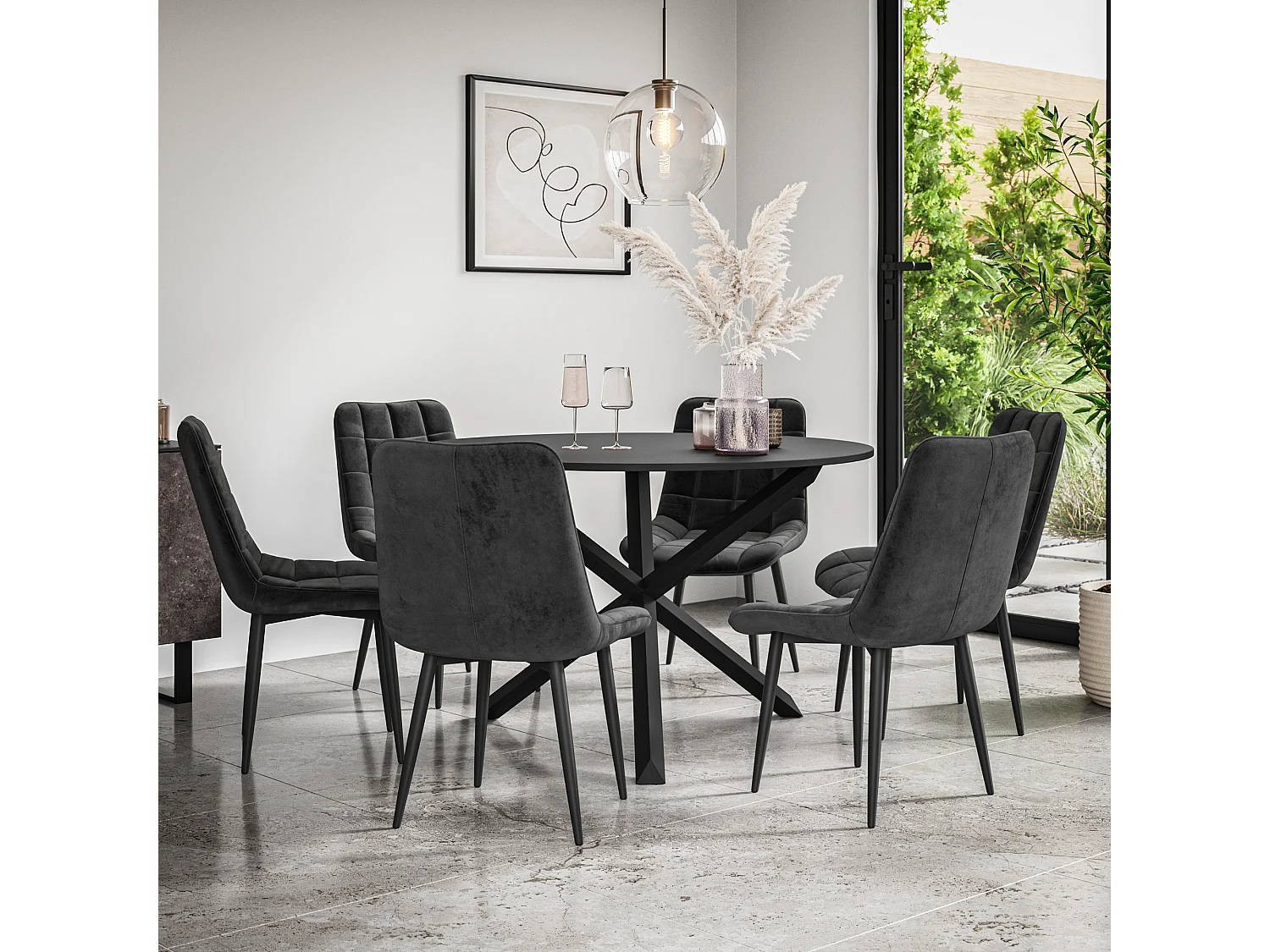Malvern Round Dining Table And Chairs -  Black Table Top w Solid Oak Black Legs + Nova Velvet Dining Chair Set Of 6