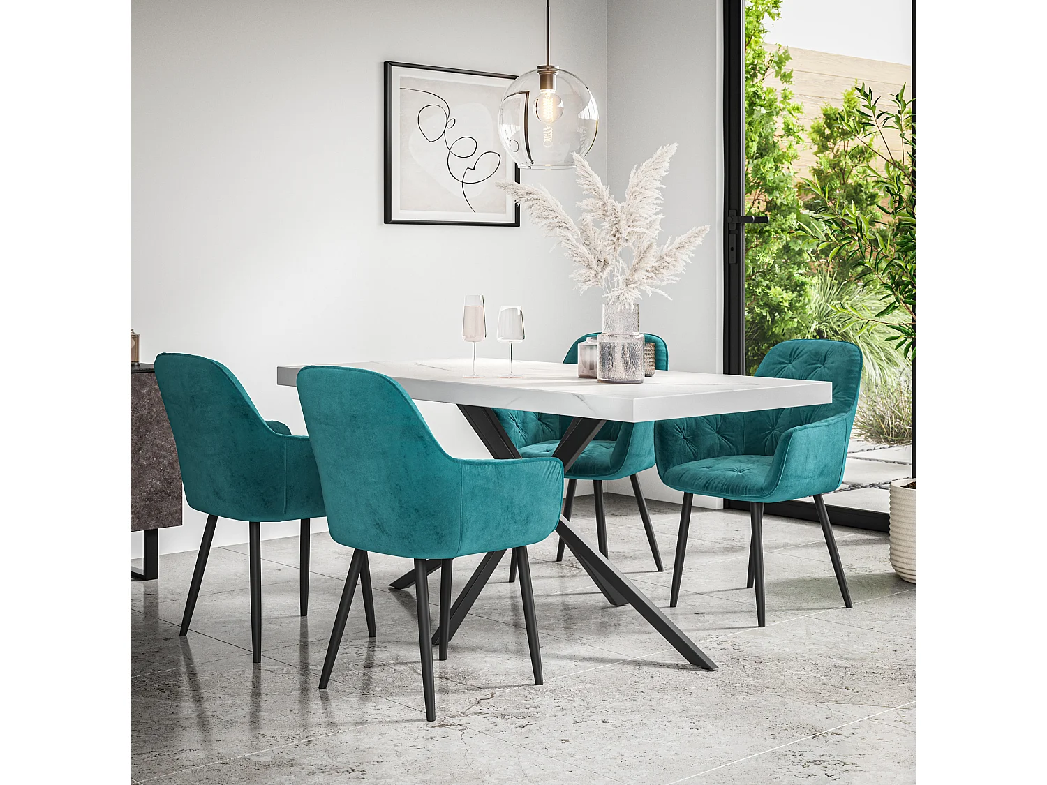 Donni Dining Table And Chairs -  White Marble Effect Table Top w Black Legs + Anika Velvet Dining Chair Set Of 6