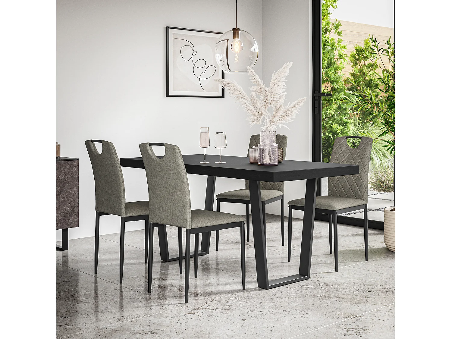 Aria Dining Table And Chairs -  Black Table Top w Black Legs + Monza Linen Dining Chair Set Of 6