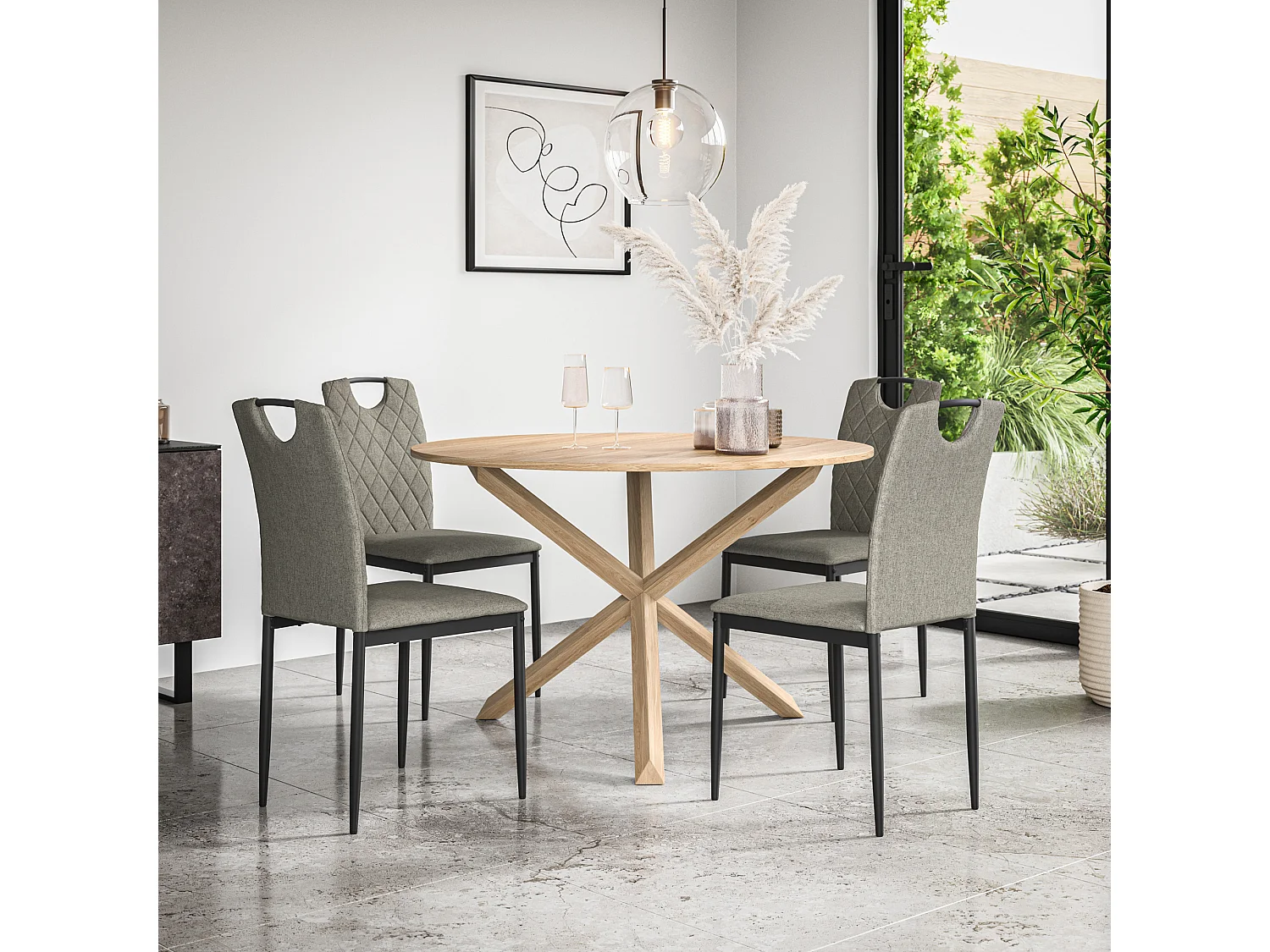 Malvern Round Dining Table And Chairs -  Oak Table Top w Solid Oak Legs + Monza Fabric Dining Chair Set Of 4