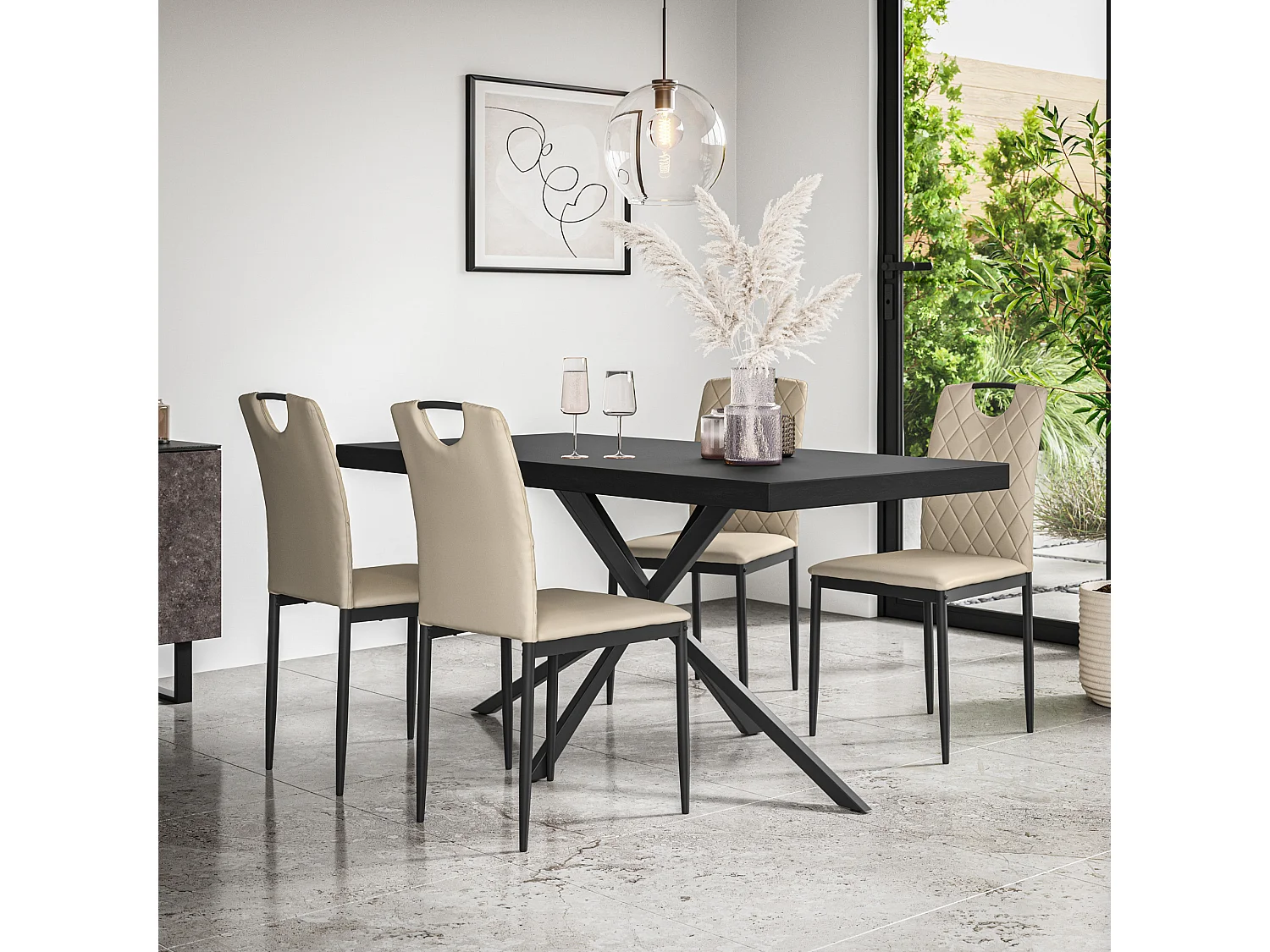 Donni Dining Table And Chairs -  Black Table Top w Black Legs + Monza Faux Leather Dining Chair Set Of 6