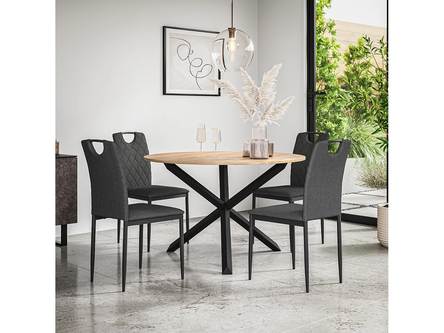 Malvern Round Dining Table And Chairs -  Oak Table Top w Solid Oak Black Legs + Monza Fabric Dining Chair Set Of 4