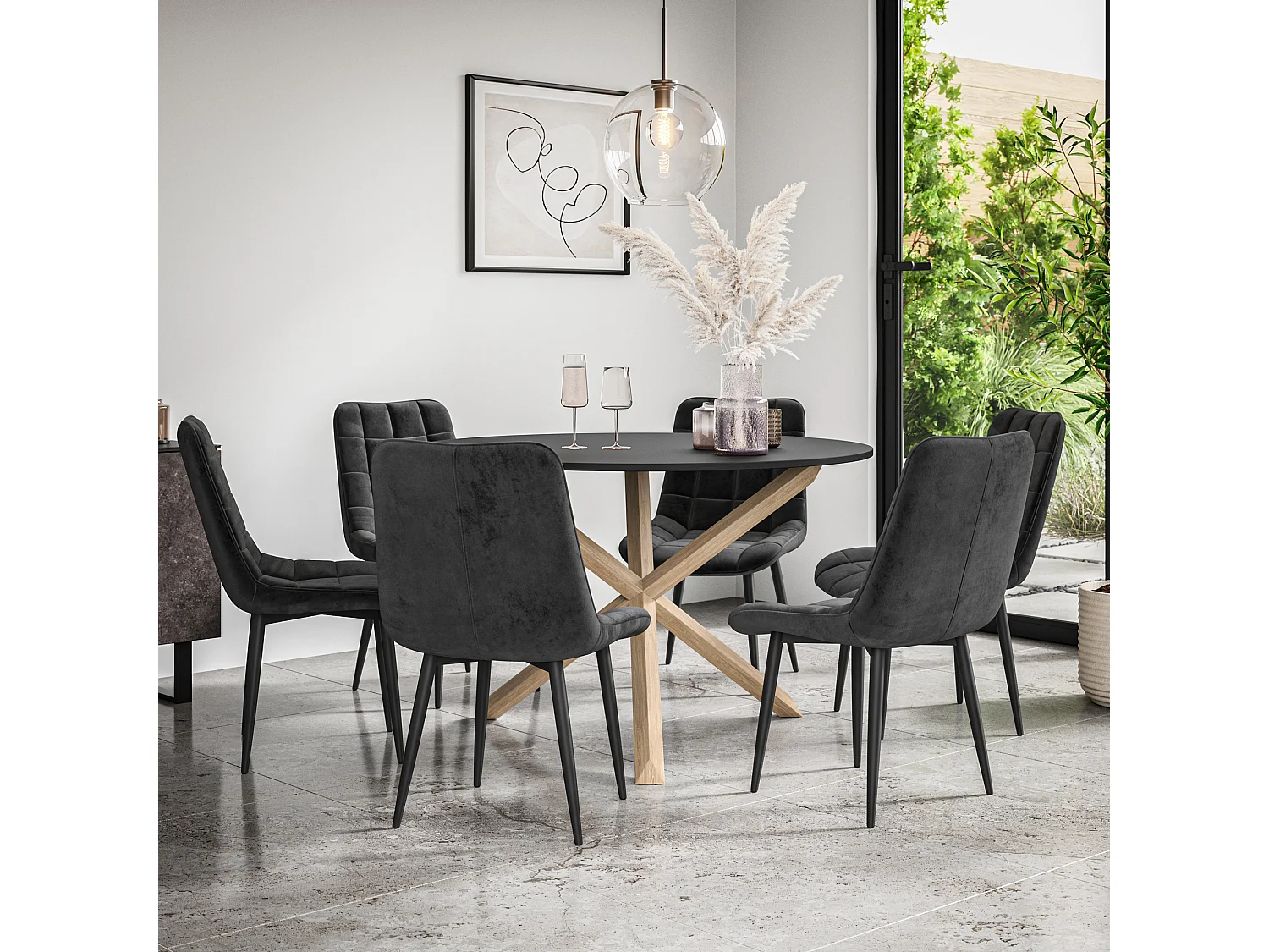 Malvern Round Dining Table And Chairs -  Black Table Top w Solid Oak Legs + Nova Velvet Dining Chair Set Of 6