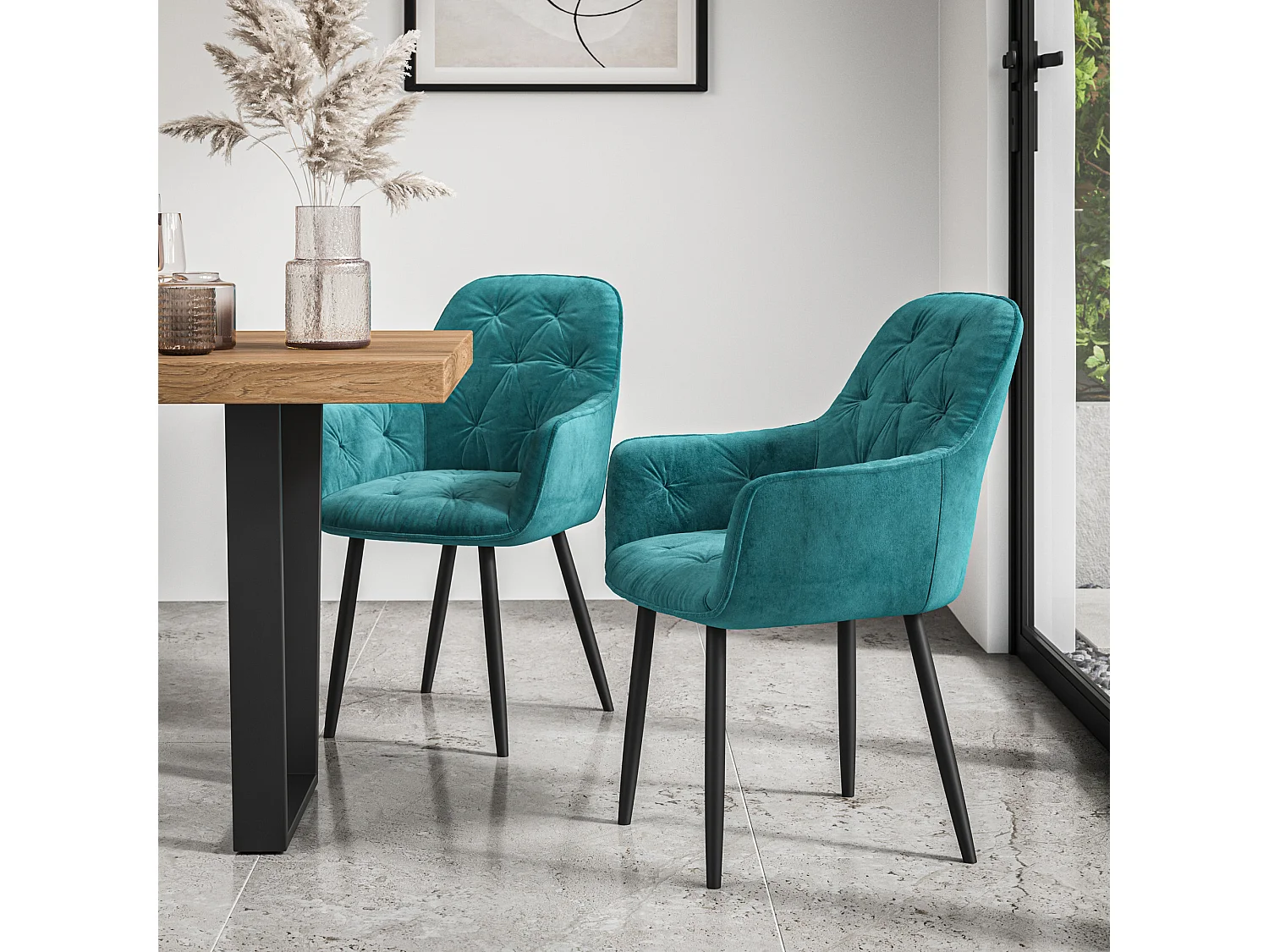 Malvern Round Dining Table And Chairs -  Clear Glass Table Top w Solid Oak Legs + Anika Velvet Dining Chair Set Of 4