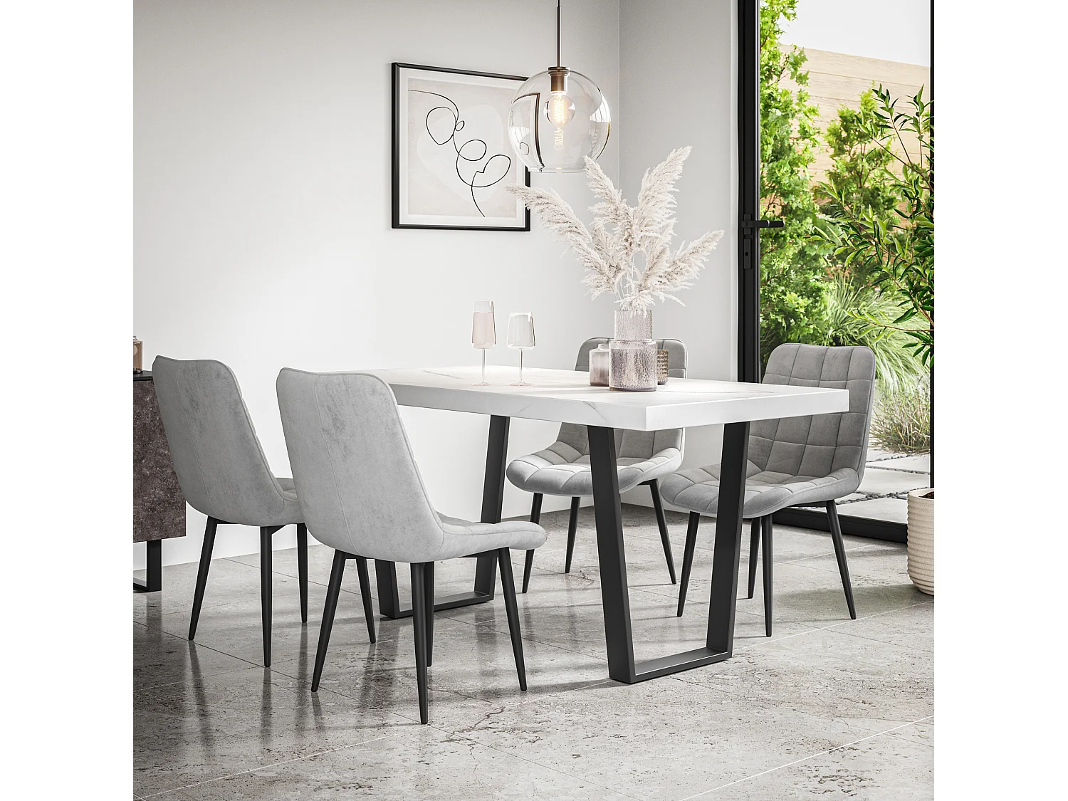 Aria Dining Table And Chairs -  White Marble Effect Table Top w Black Legs + Nova Velvet Dining Chair Set Of 6