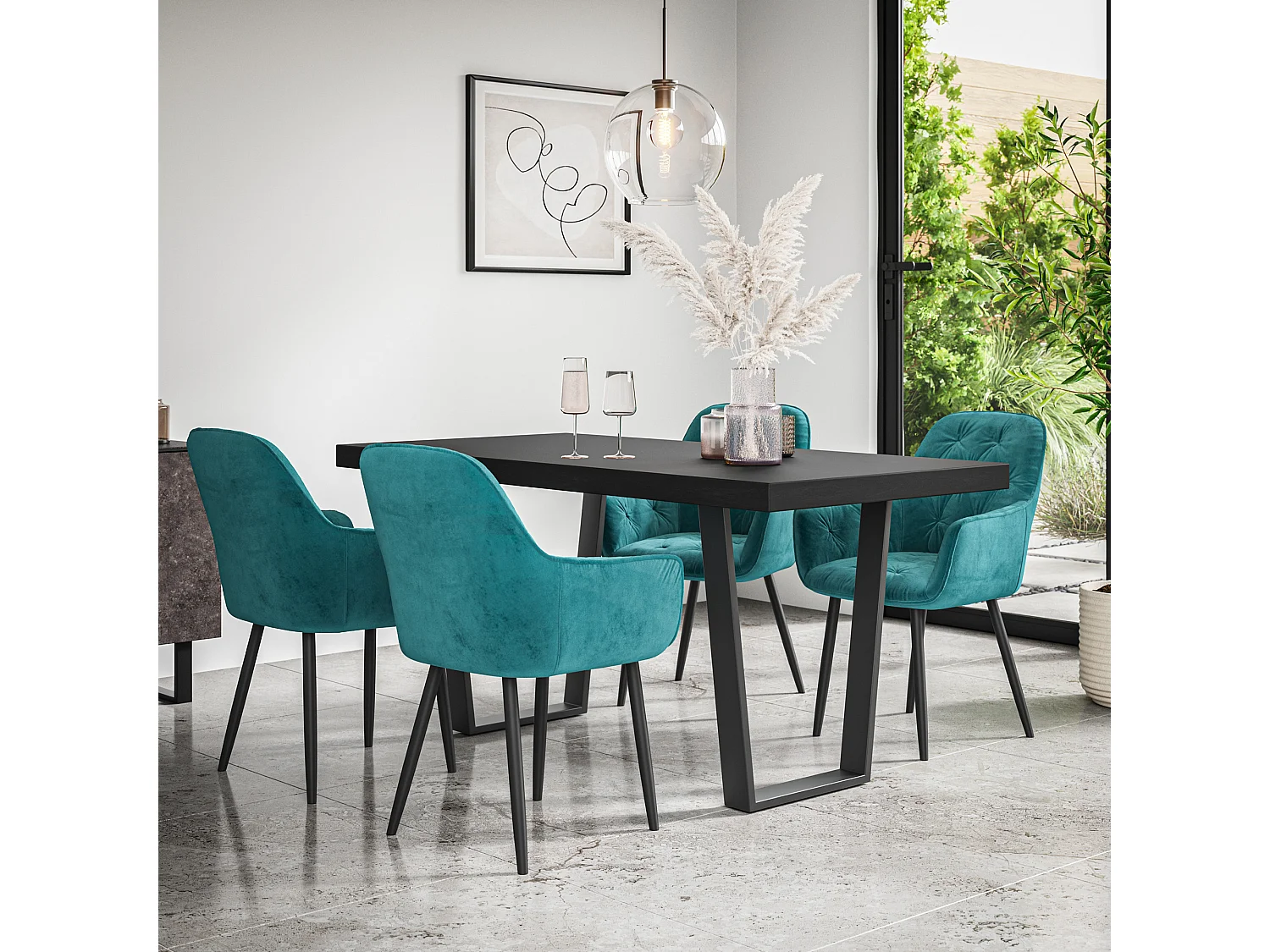 Aria Dining Table And Chairs -  Black Table Top w Black Legs + Anika Velvet Dining Chair Set Of 4