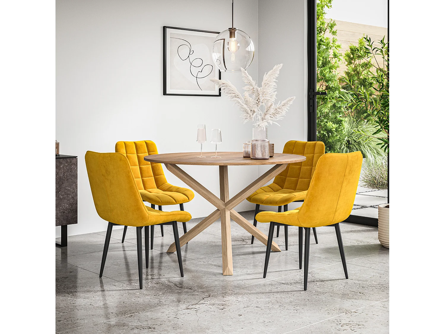 Malvern Round Dining Table And Chairs -  Oak Table Top w Solid Oak Legs + Nova Velvet Dining Chair Set Of 4