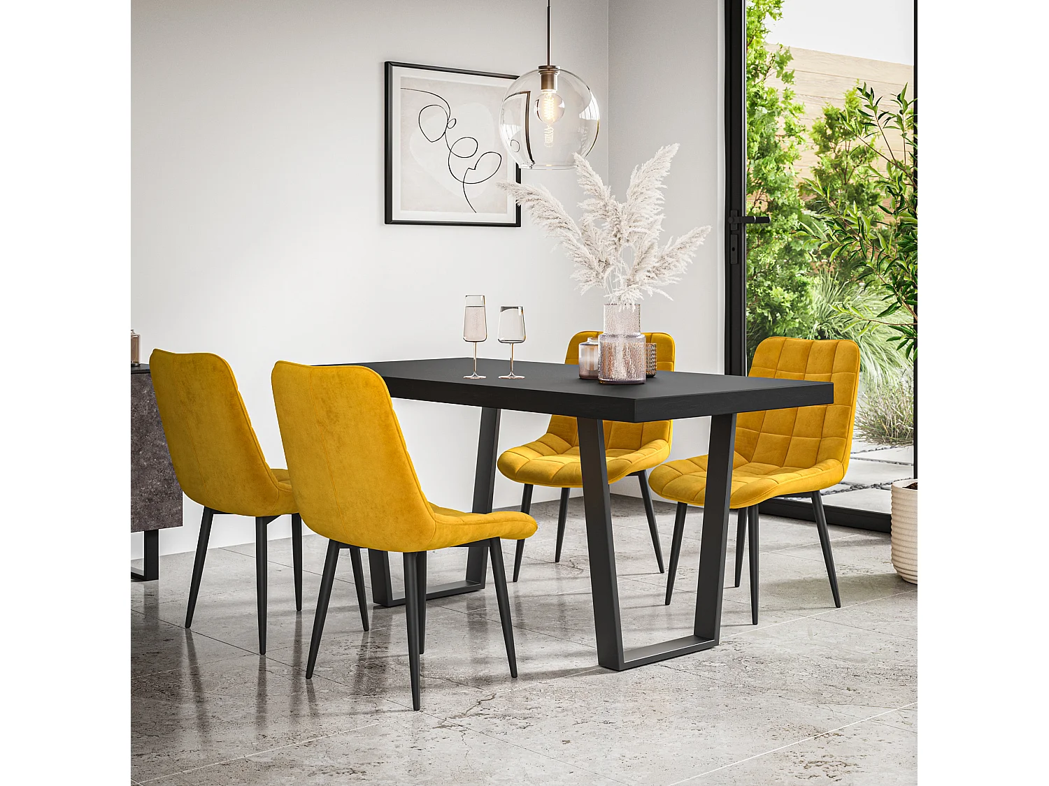 Aria Dining Table And Chairs -  Black Table Top w Black Legs + Nova Velvet Dining Chair Set Of 4