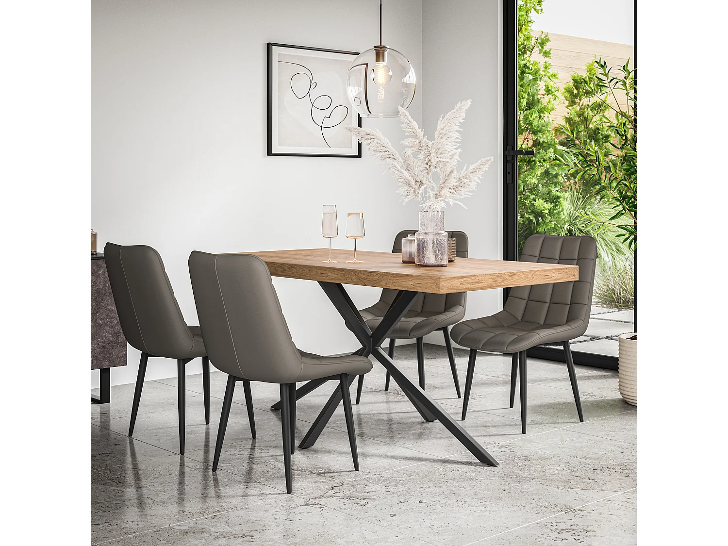 Donni Dining Table And Chairs -  Oak Effect Table Top w Black Legs + Nova Faux Leather Dining Chair Set Of 4