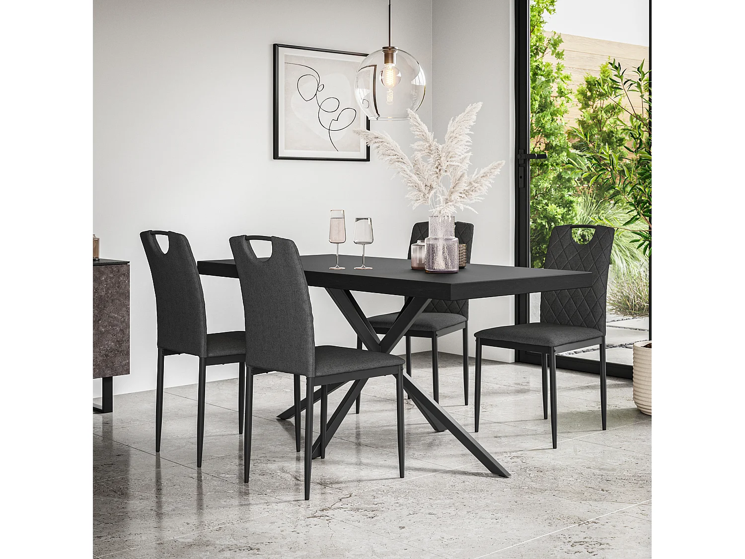 Donni Dining Table And Chairs -  Black Table Top w Black Legs + Monza Linen Dining Chair Set Of 4