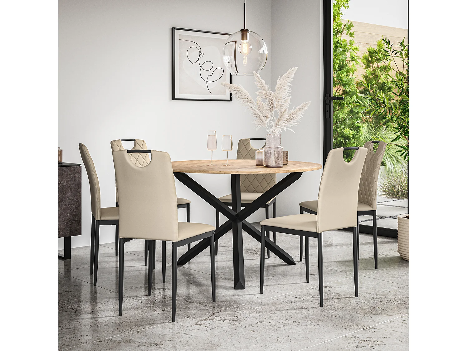 Malvern Round Dining Table And Chairs -  Oak Table Top w Solid Oak Black Legs + Monza Faux Leather Dining Chair Set Of 6