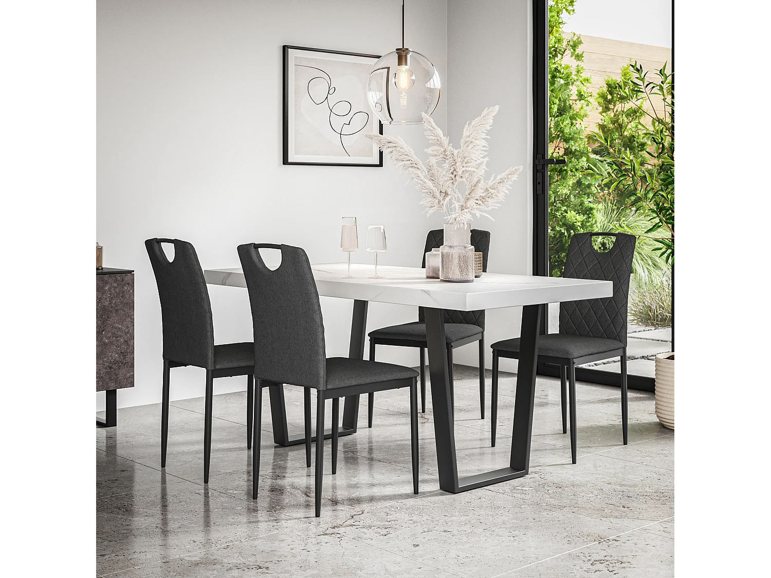 Aria Dining Table And Chairs -  White Marble Effect Table Top w Black Legs + Monza Linen Dining Chair Set Of 6