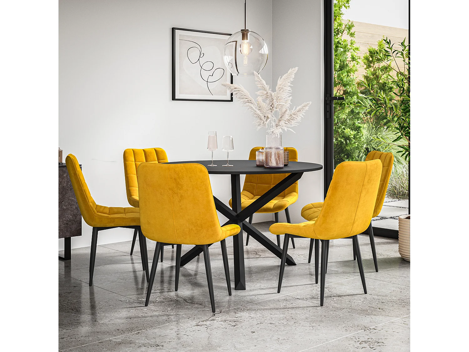 Malvern Round Dining Table And Chairs -  Black Table Top w Solid Oak Black Legs + Nova Velvet Dining Chair Set Of 6