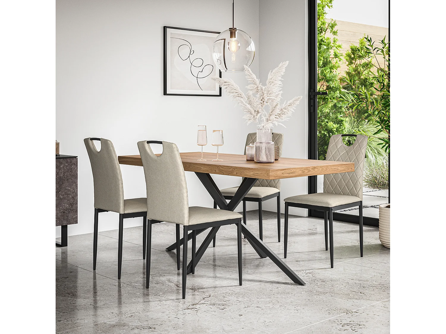 Donni Dining Table And Chairs -  Oak Effect Table Top w Black Legs + Monza Linen Dining Chair  Set Of 4