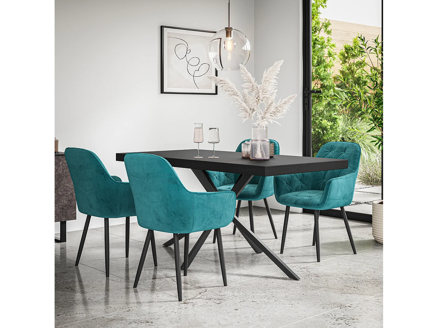 Donni Dining Table And Chairs -  Black Table Top w Black Legs + Anika Velvet Dining Chair Set Of 4