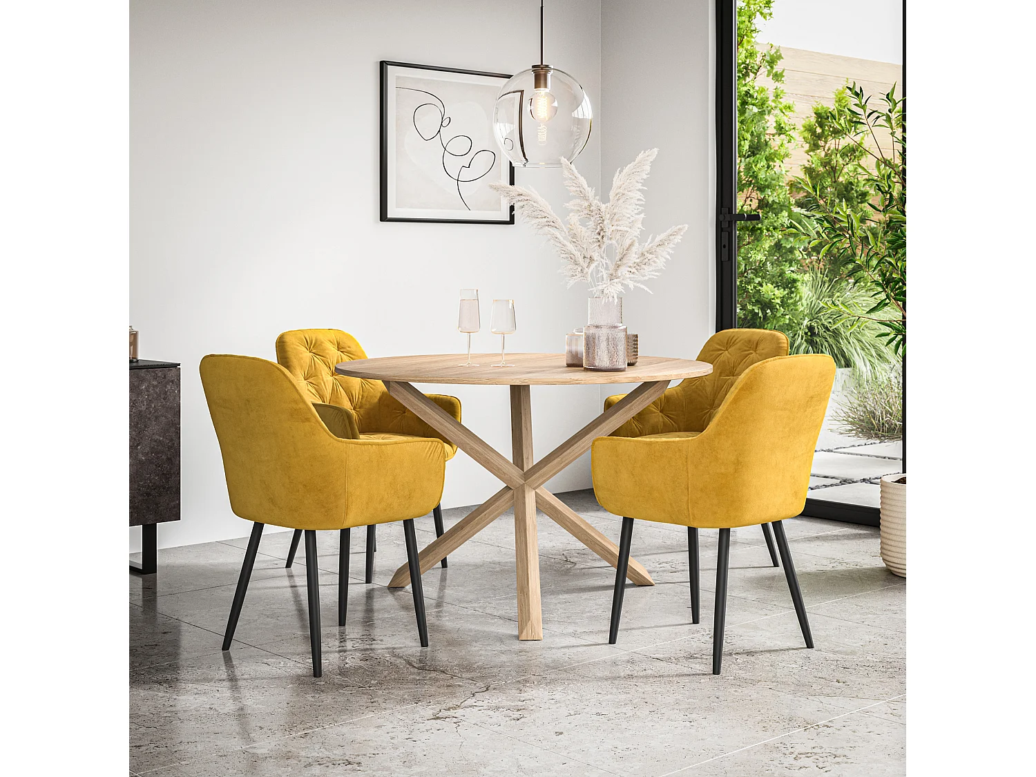 Malvern Round Dining Table And Chairs -  Oak Table Top w Solid Oak Legs + Anika Velvet Dining Chair Set Of 4