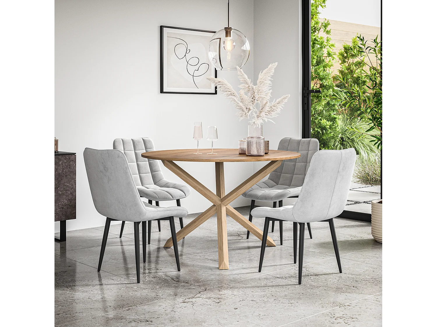 Malvern Round Dining Table And Chairs -  Oak Table Top w Solid Oak Legs + Nova Velvet Dining Chair Set Of 4