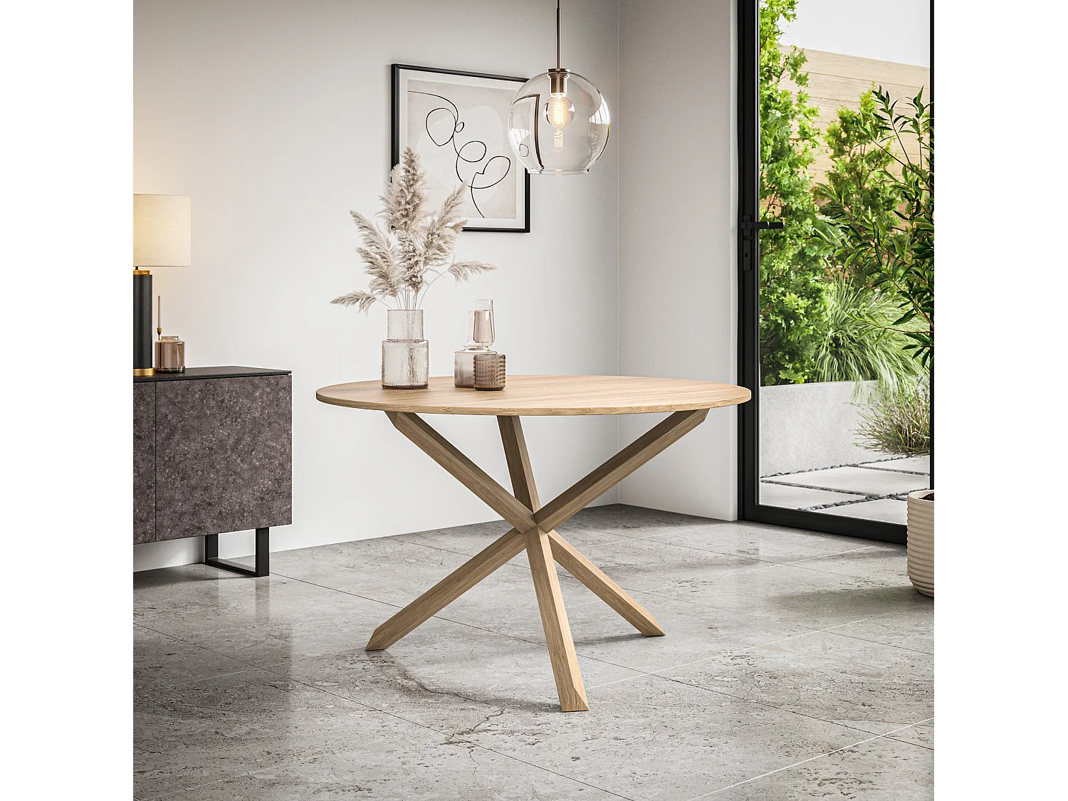 Malvern Round Dining Table And Chairs -  Oak Table Top w Solid Oak Legs + Nova Velvet Dining Chair Set Of 4