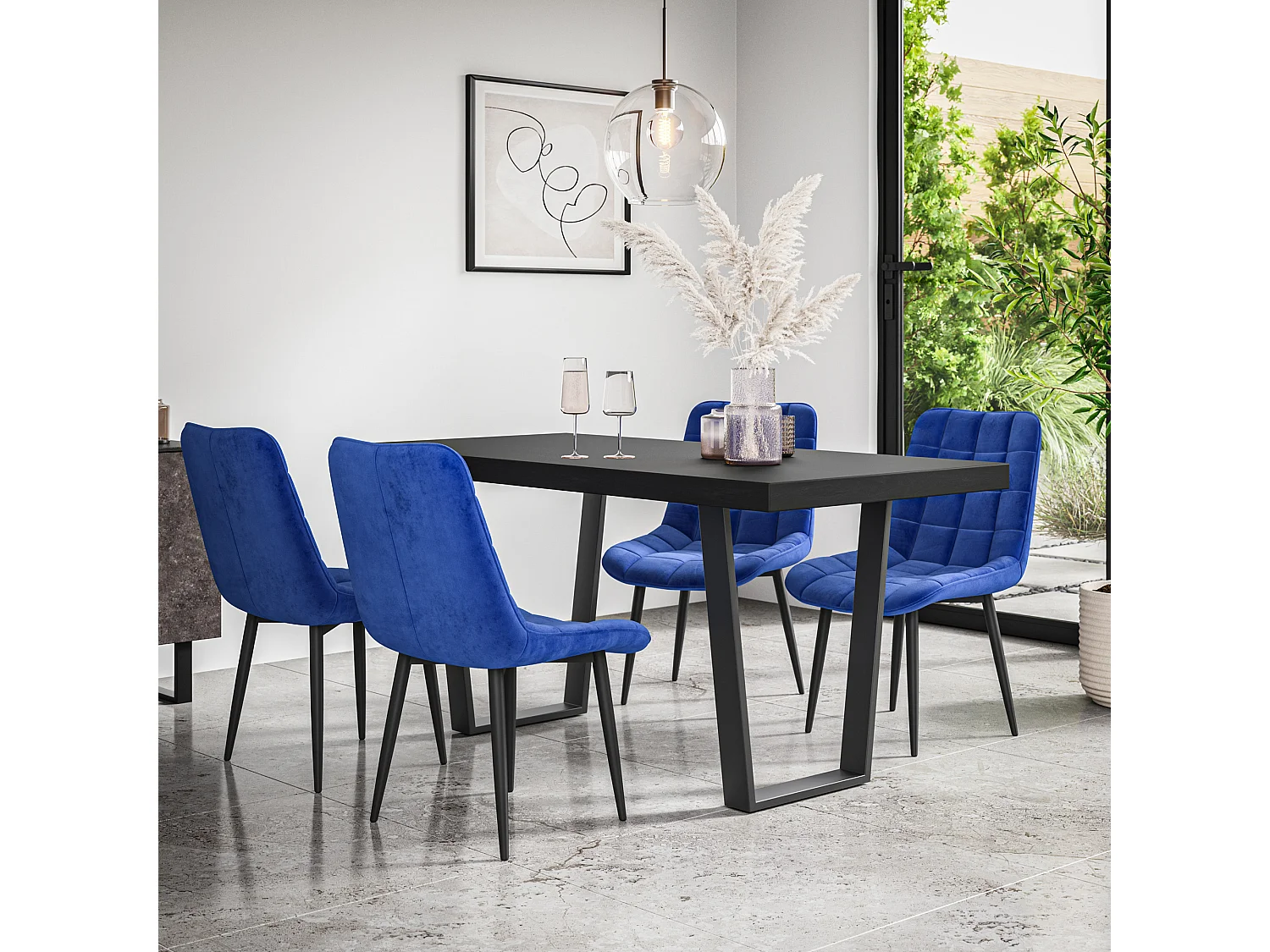 Aria Dining Table And Chairs -  Black Table Top w Black Legs + Nova Velvet Dining Chair Set Of 6