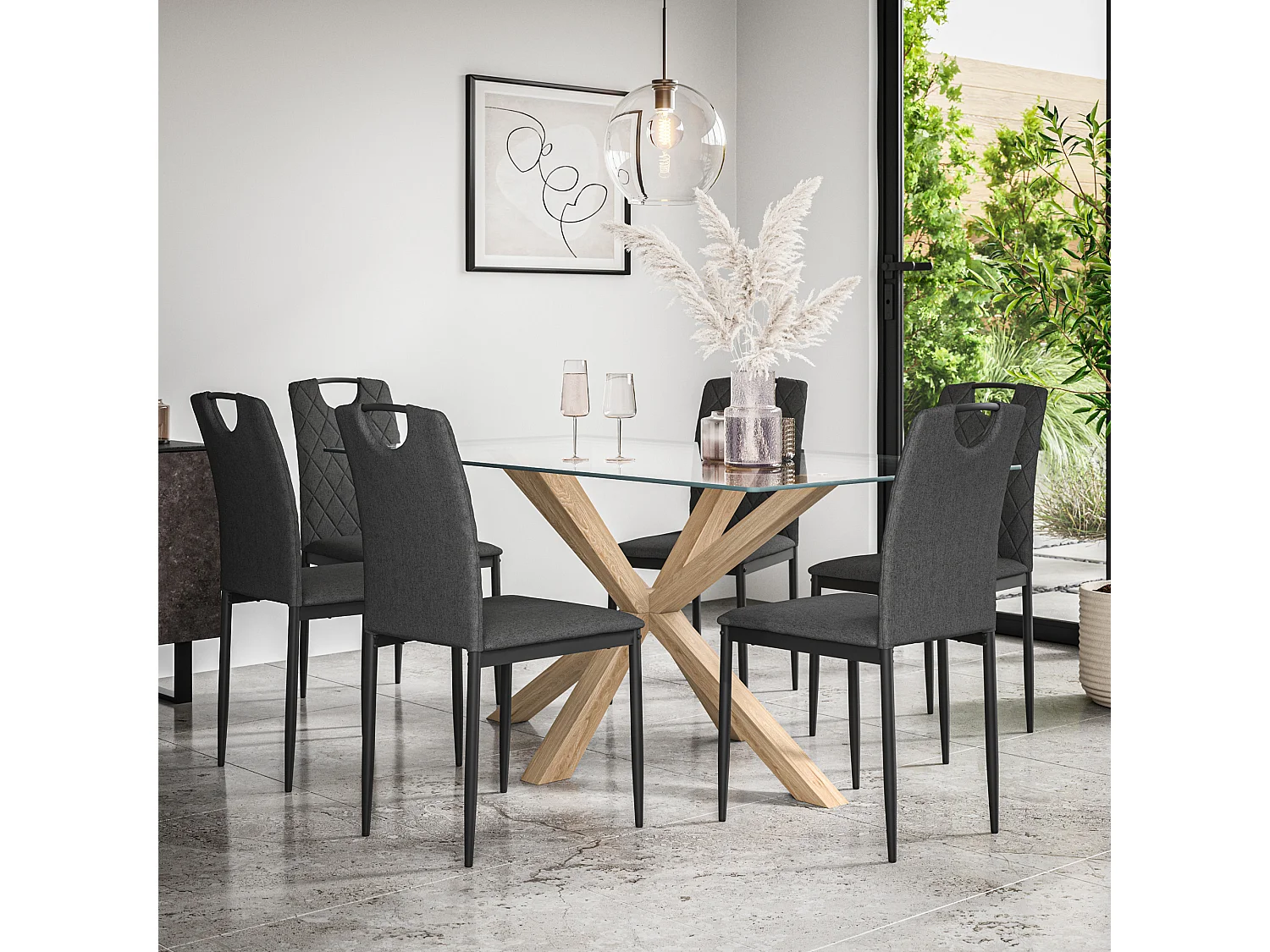 Etta Glass Dining Table And Chairs - Glass Top w Solid Oak Legs + Monza Fabric Dining Chair Set Of 6