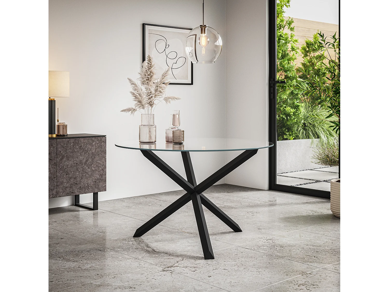 Malvern Round Dining Table And Chairs -  Clear Glass Table Top w Solid Oak Black Legs + Nova Velvet Dining Chair Set Of 6