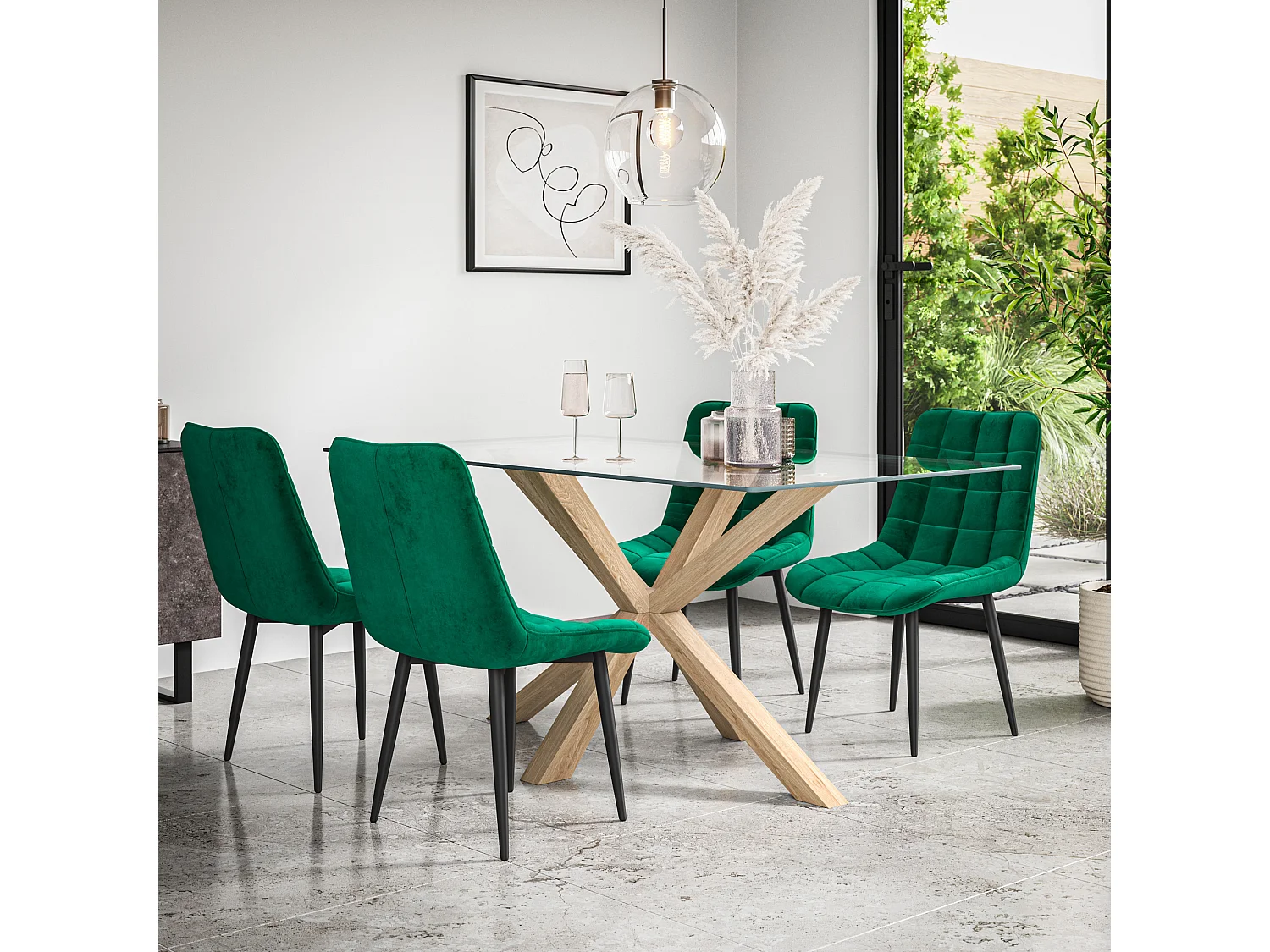 Etta Glass Dining Table And Chairs - Glass Top w Solid Oak Legs + Nova Velvet Dining Chair Set Of 6