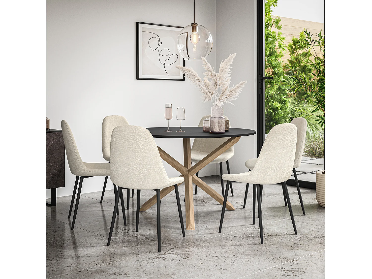 Malvern Round Dining Table And Chairs -  Black Table Top w Solid Oak Legs + Maya Boucle Dining Chair Set Of 6
