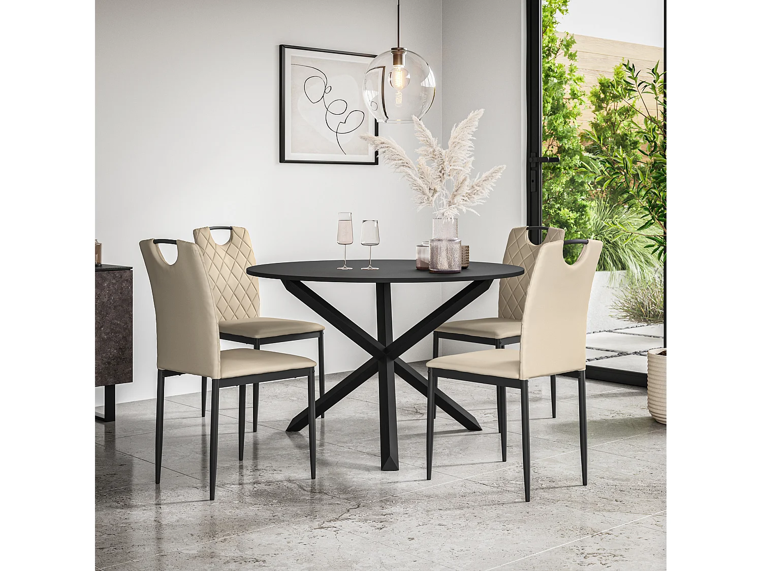 Malvern Round Dining Table And Chairs -  Black Table Top w Solid Oak Black Legs + Monza Faux Leather Dining Chair Set Of 4