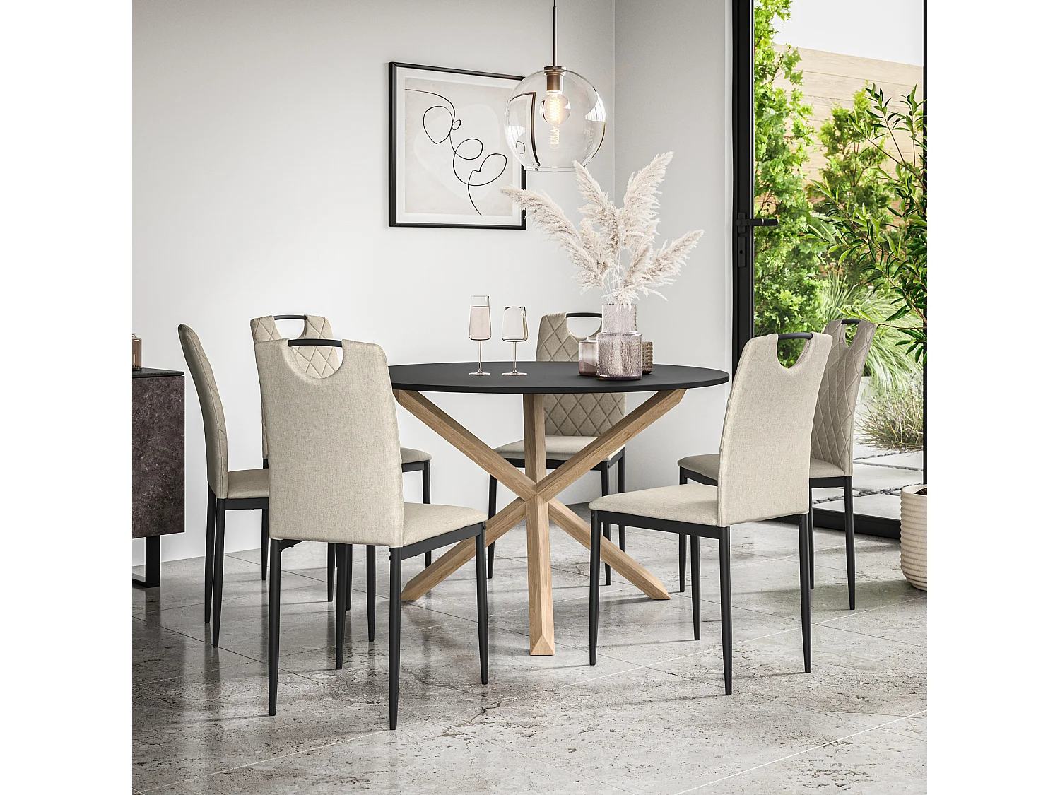 Malvern Round Dining Table And Chairs -  Black Table Top w Solid Oak Legs + Monza Fabric Dining Chair Set Of 6