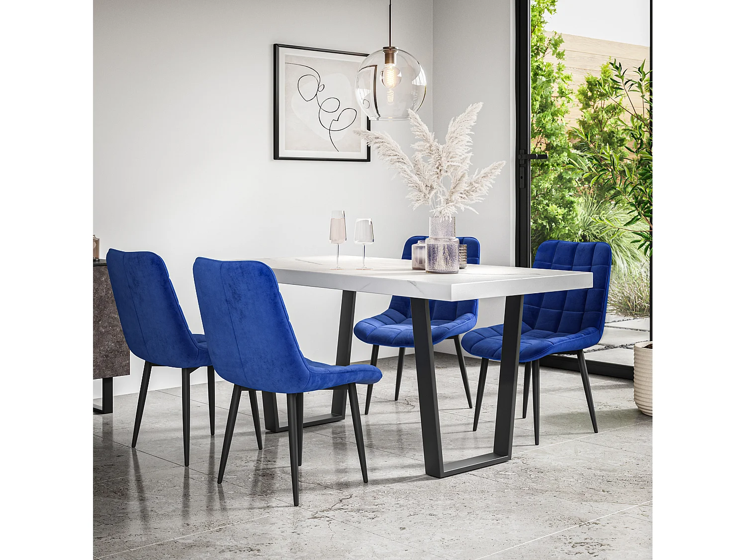 Aria Dining Table And Chairs -  White Marble Effect Table Top w Black Legs + Nova Velvet Dining Chair Set Of 4