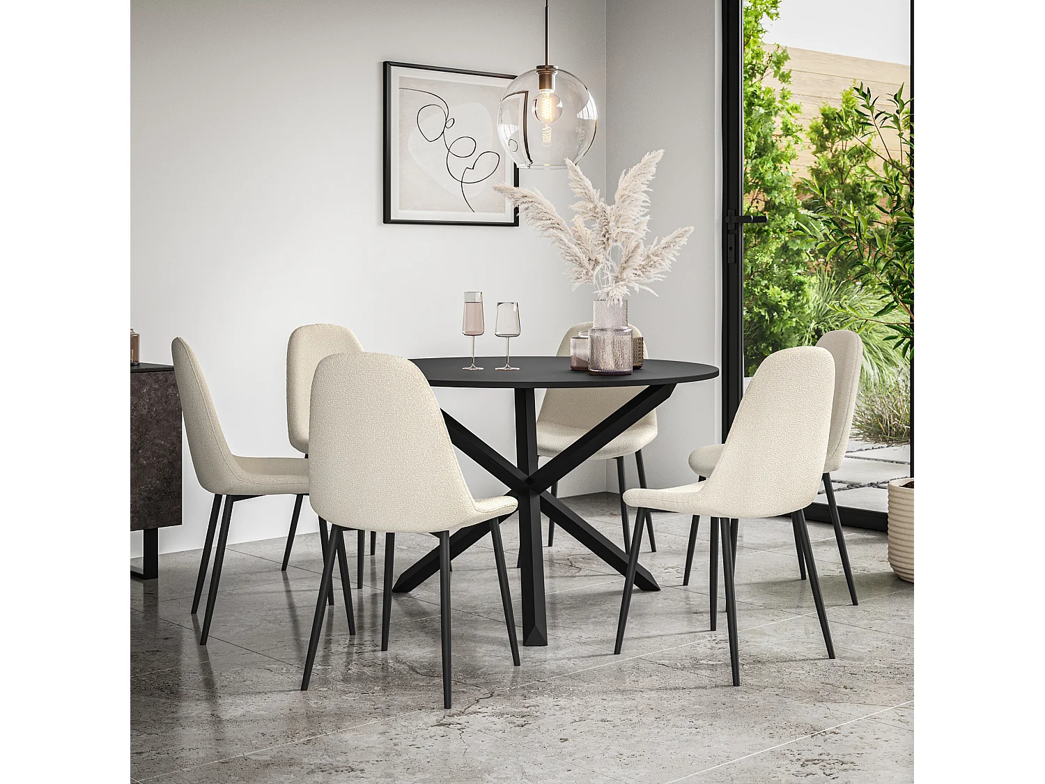 Malvern Round Dining Table And Chairs -  Black Table Top w Solid Oak Black Legs + Maya Boucle Dining Chair Set Of 6