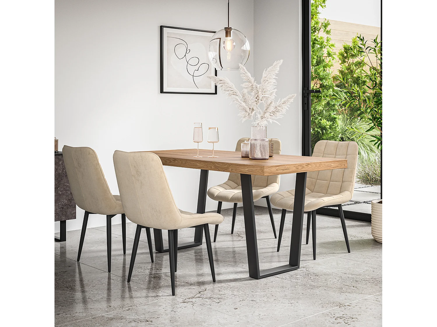Aria Dining Table And Chairs -  Oak Effect Table Top w Black Legs + Nova Velvet Dining Chair Set Of 6