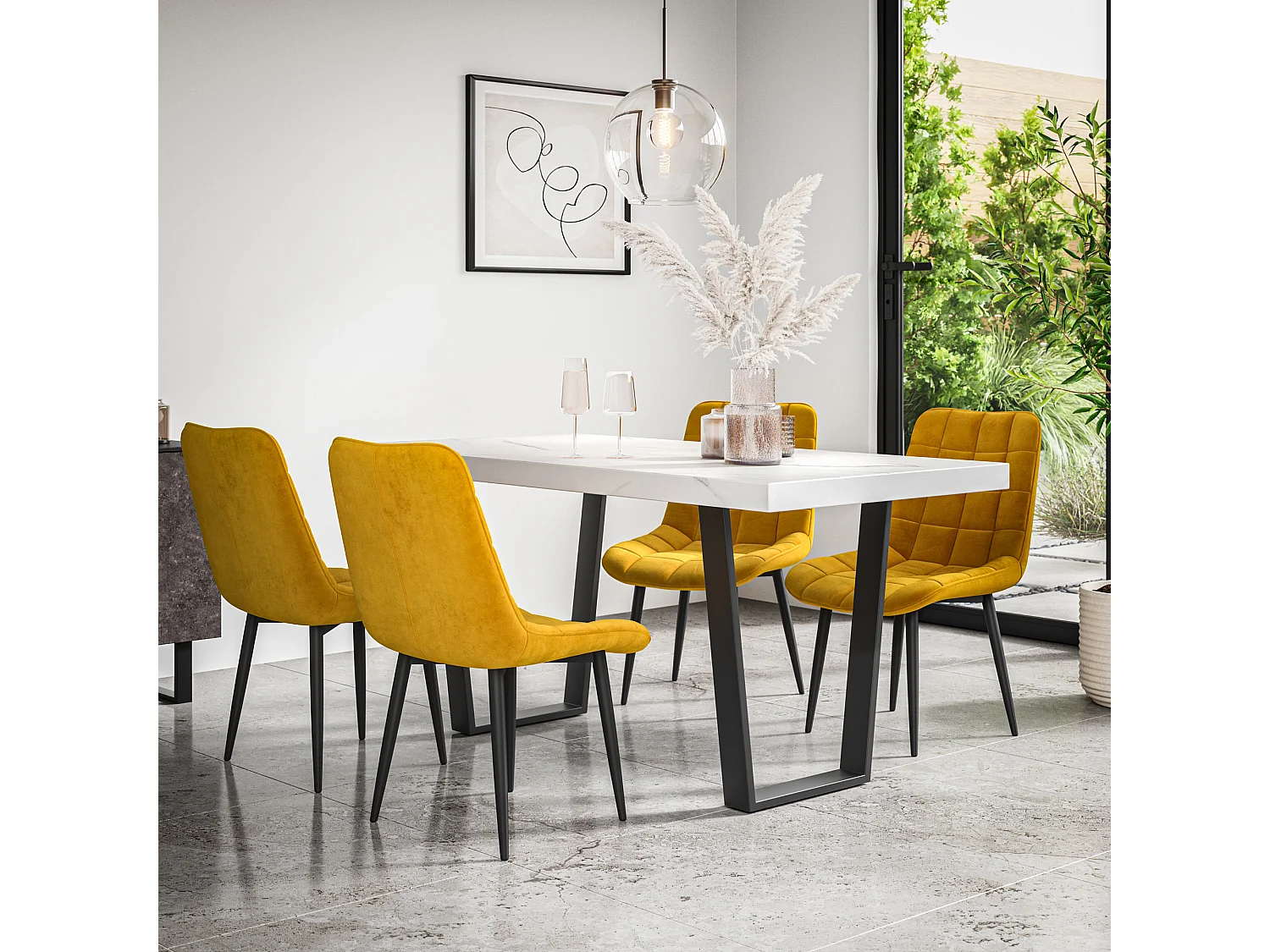 Aria Dining Table And Chairs -  White Marble Effect Table Top w Black Legs + Nova Velvet Dining Chair Set Of 6