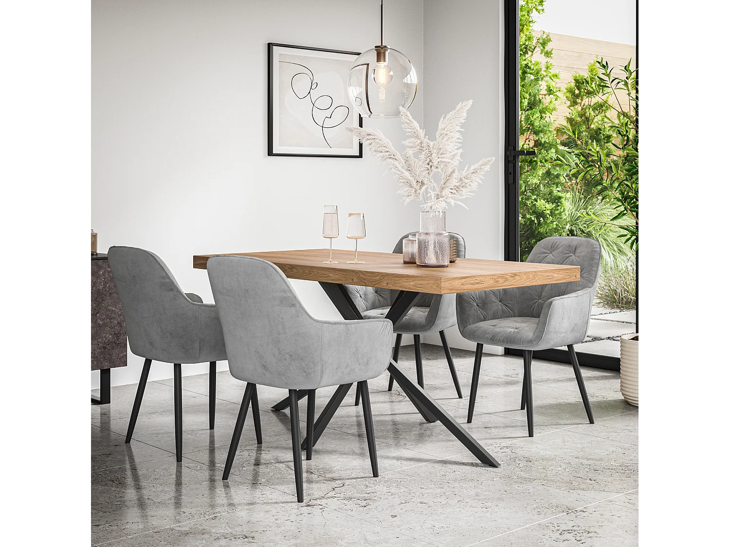 Donni Dining Table And Chairs -  Oak Effect Table Top w Black Legs + Anika Velvet Dining Chair Set Of 6
